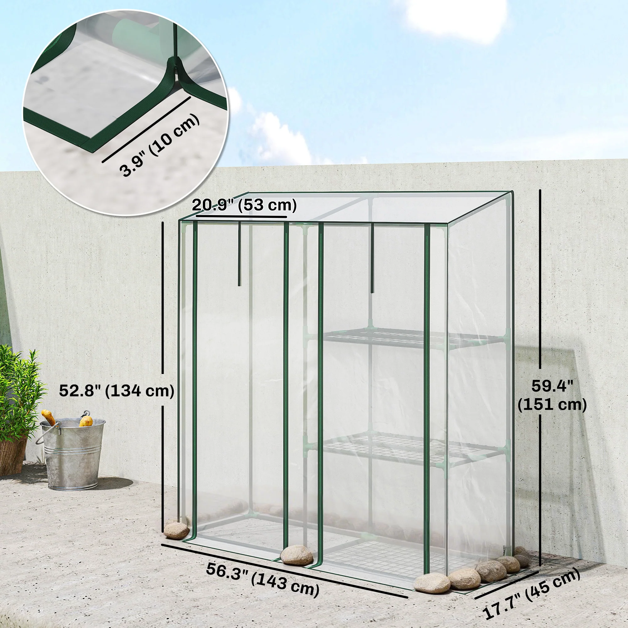 Mini Greenhouse with 3 Shelves and 2 Roll-up Doors, 56.3" x 17.7" x 59.4" - Image 5