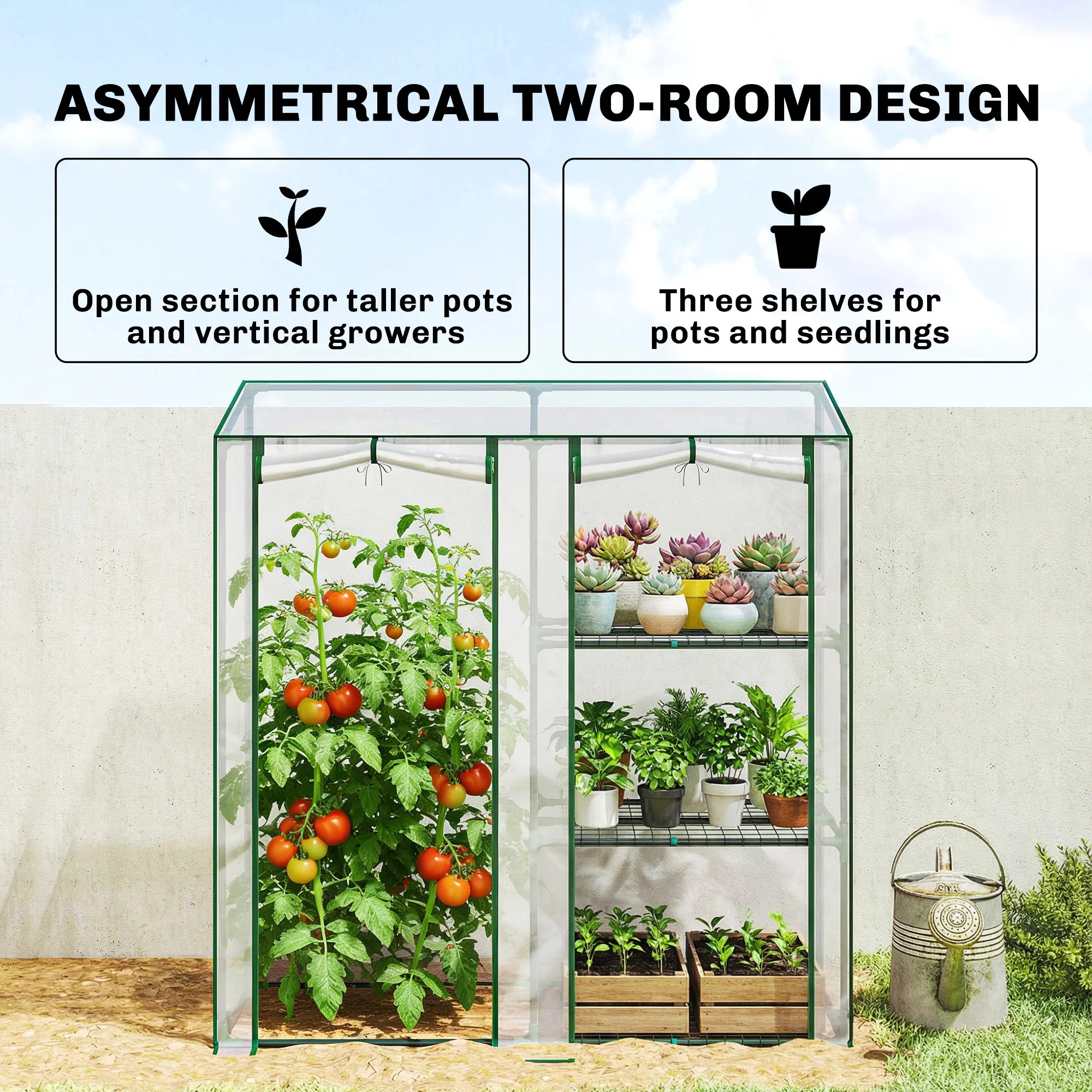 Mini Greenhouse with 3 Shelves and 2 Roll-up Doors, 56.3" x 17.7" x 59.4" - Image 6