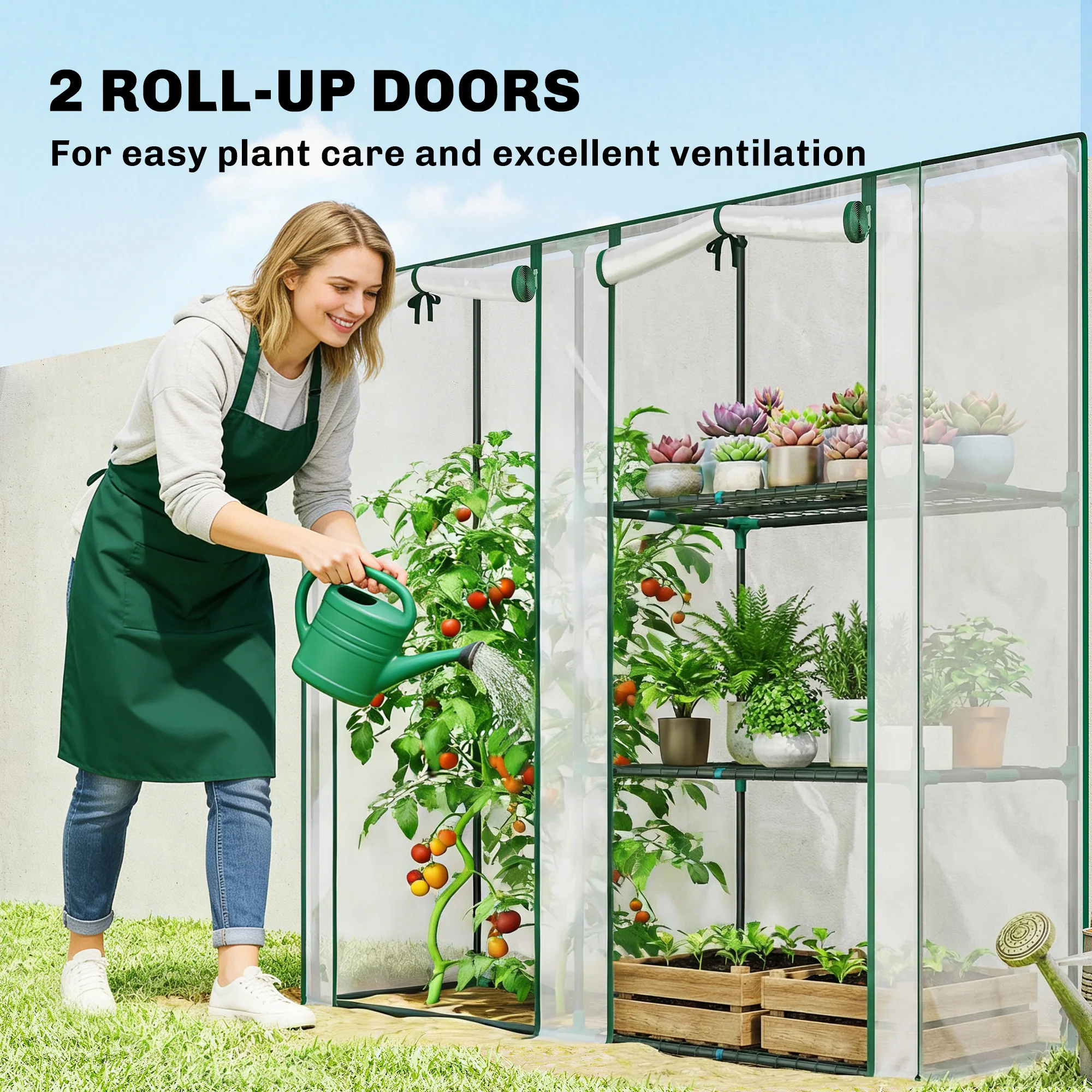 Mini Greenhouse with 3 Shelves and 2 Roll-up Doors, 56.3" x 17.7" x 59.4" - Image 7