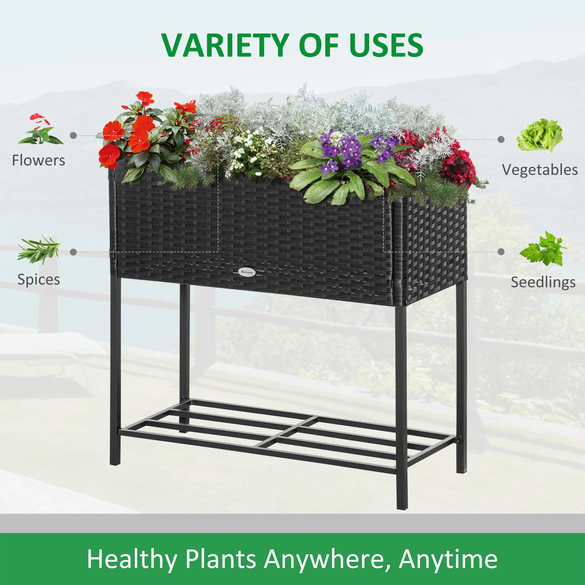 Modern Elevated Metal Garden Bed with Rattan Look & Storage, Black - Image 6