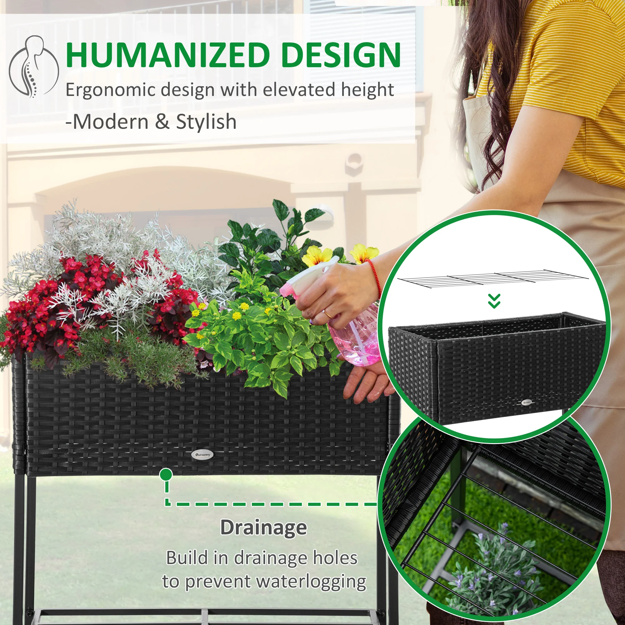 Modern Elevated Metal Garden Bed with Rattan Look & Storage, Black - Image 8