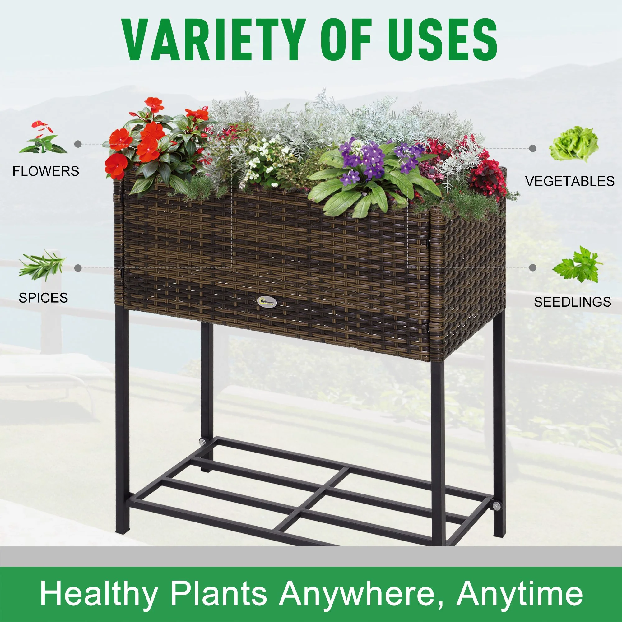 Modern Elevated Metal Garden Bed with Rattan Look & Storage, Brown - Image 6