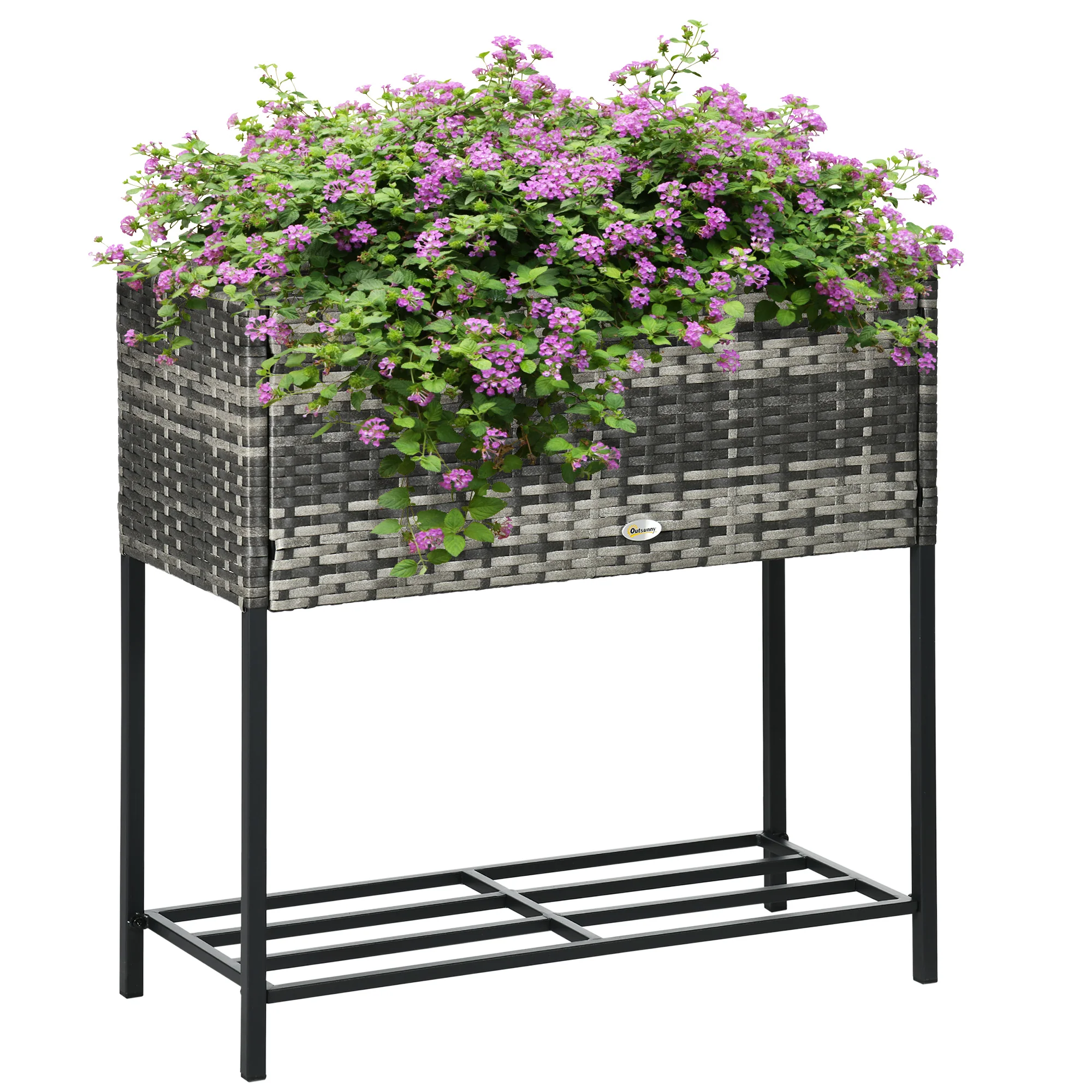 Modern Elevated Metal Garden Bed with Rattan Look & Storage, Mixed Grey