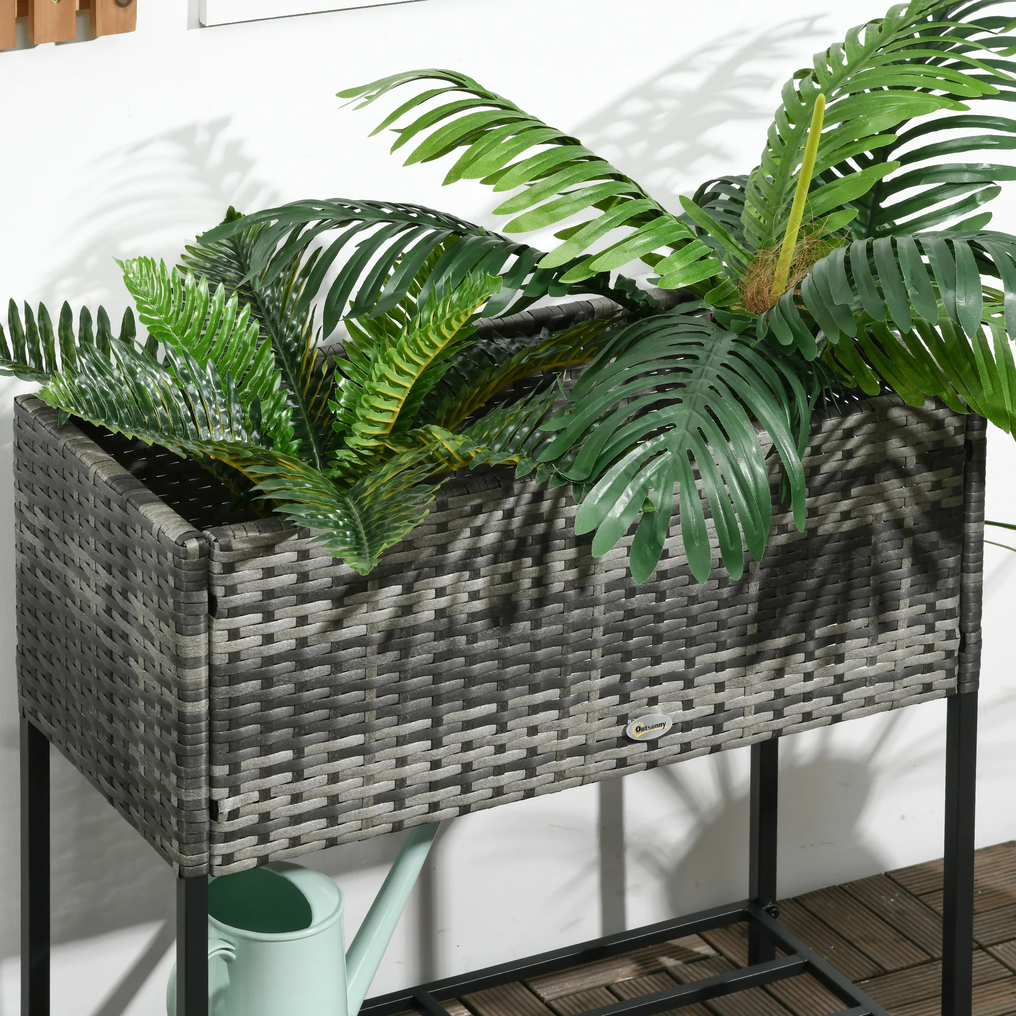Modern Elevated Metal Garden Bed with Rattan Look & Storage, Mixed Grey - Image 10