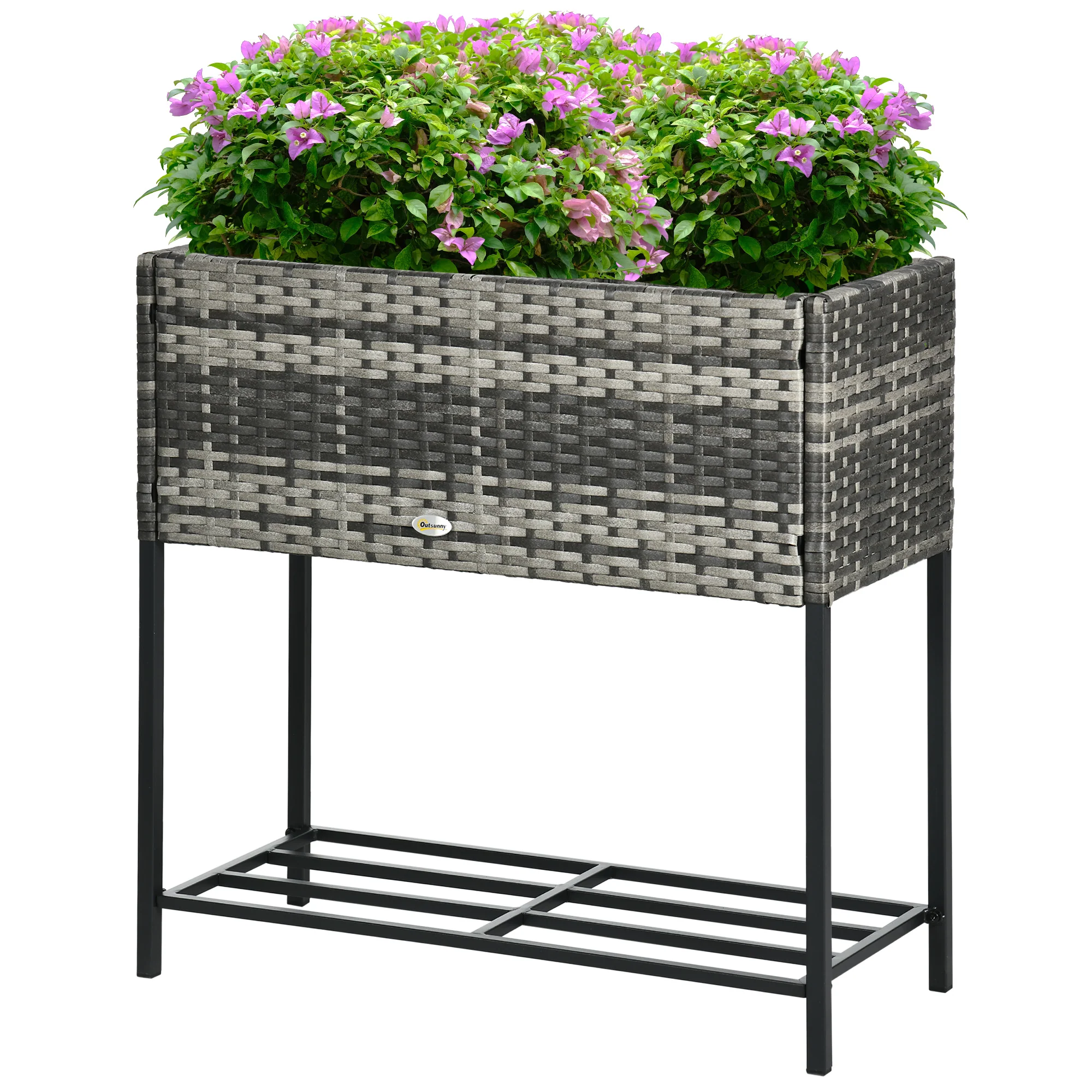 Modern Elevated Metal Garden Bed with Rattan Look & Storage, Mixed Grey - Image 2