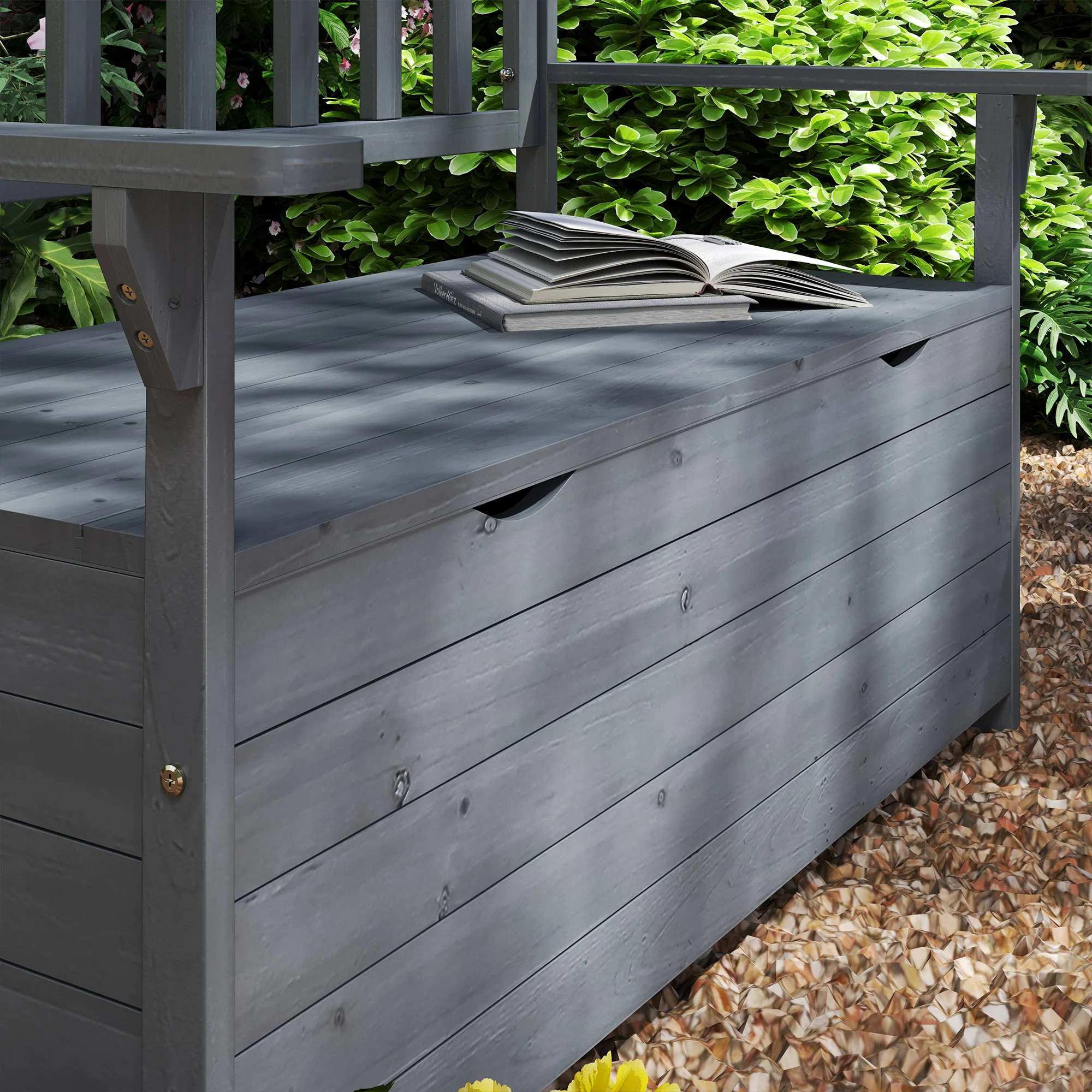 2 Seater Wooden Garden Bench with Hidden Storage, High Back & Armrests, Dark Grey - Image 11