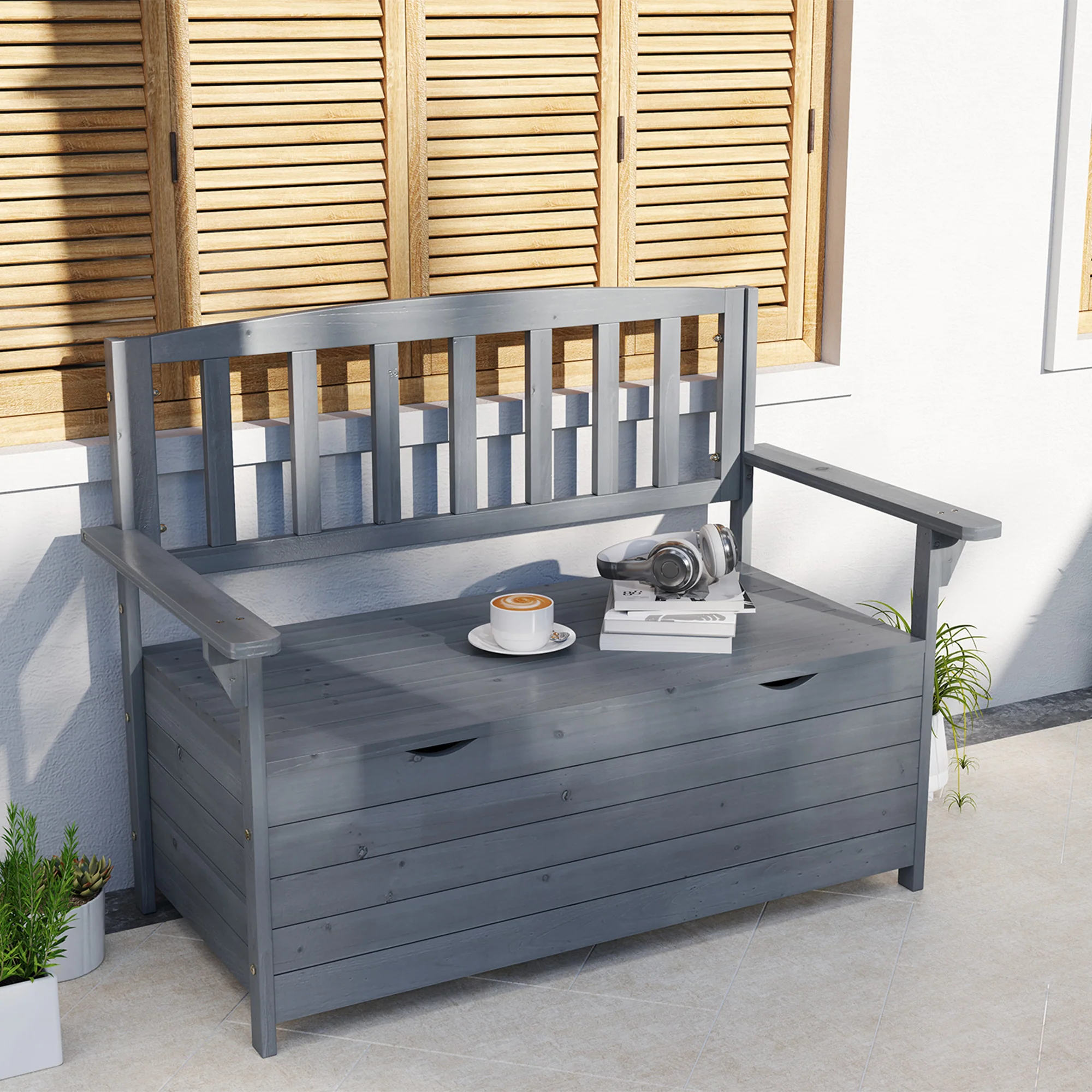 2 Seater Wooden Garden Bench with Hidden Storage, High Back & Armrests, Dark Grey - Image 3