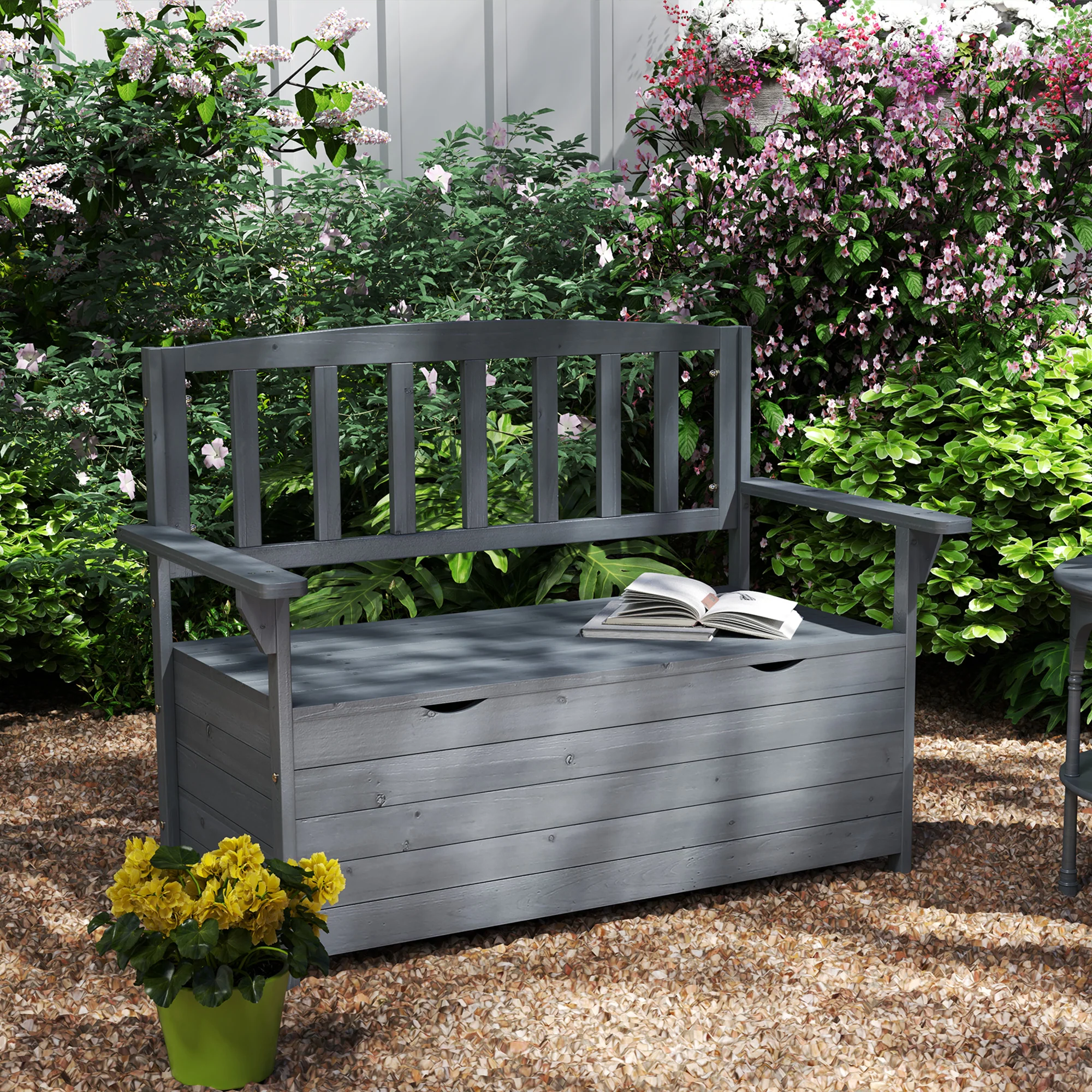 2 Seater Wooden Garden Bench with Hidden Storage, High Back & Armrests, Dark Grey - Image 4