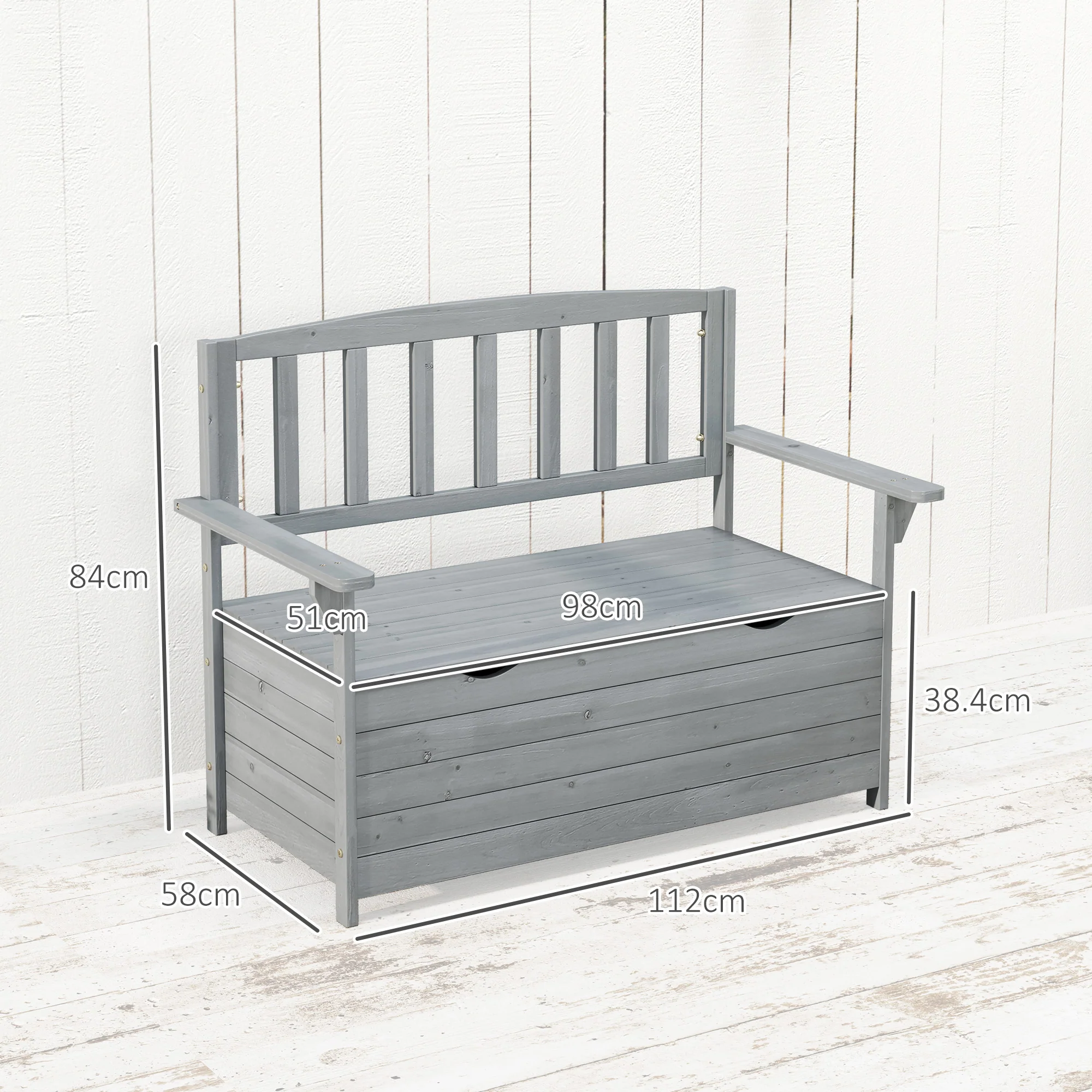 2 Seater Wooden Garden Bench with Hidden Storage, High Back & Armrests, Dark Grey - Image 5