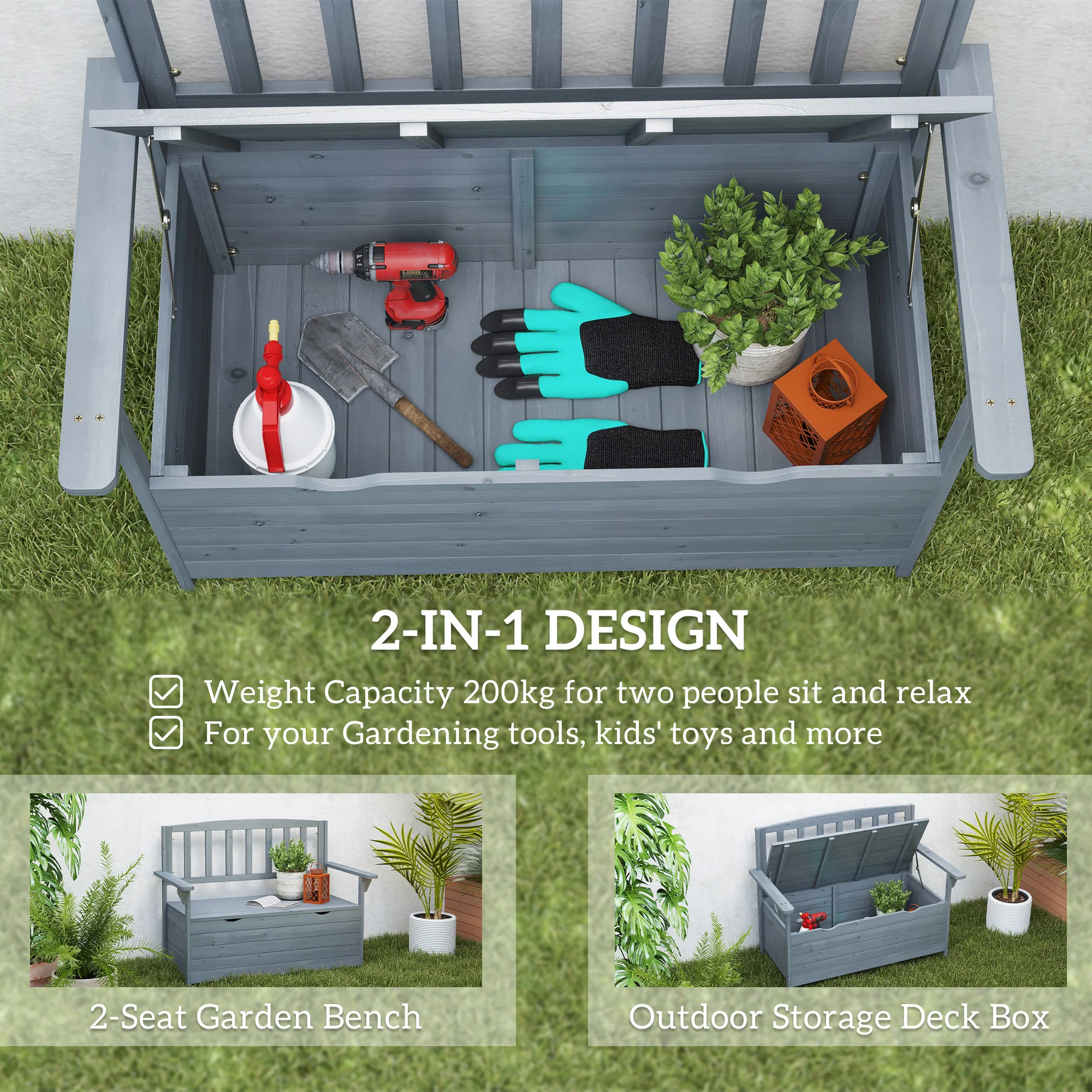 2 Seater Wooden Garden Bench with Hidden Storage, High Back & Armrests, Dark Grey - Image 6