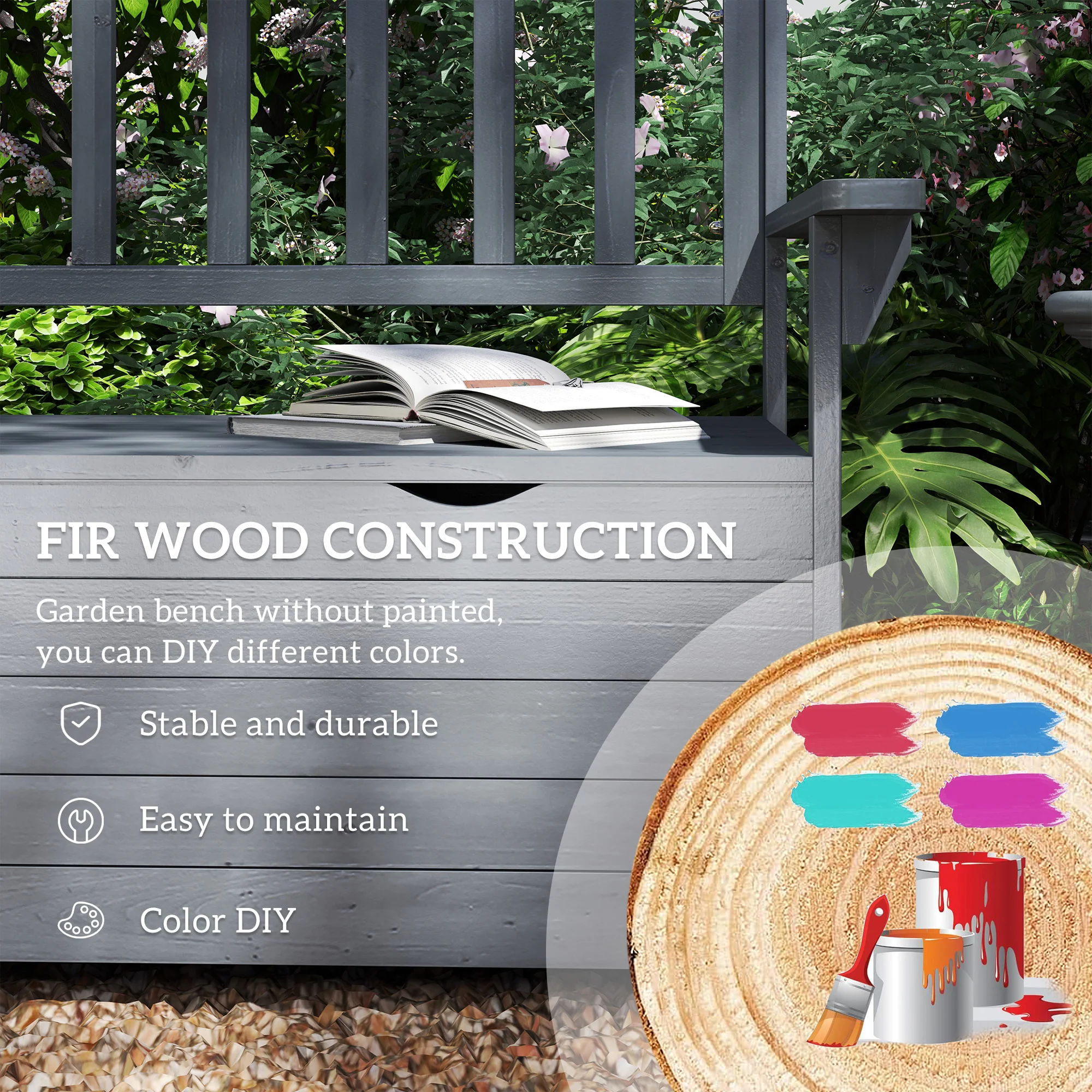 2 Seater Wooden Garden Bench with Hidden Storage, High Back & Armrests, Dark Grey - Image 7
