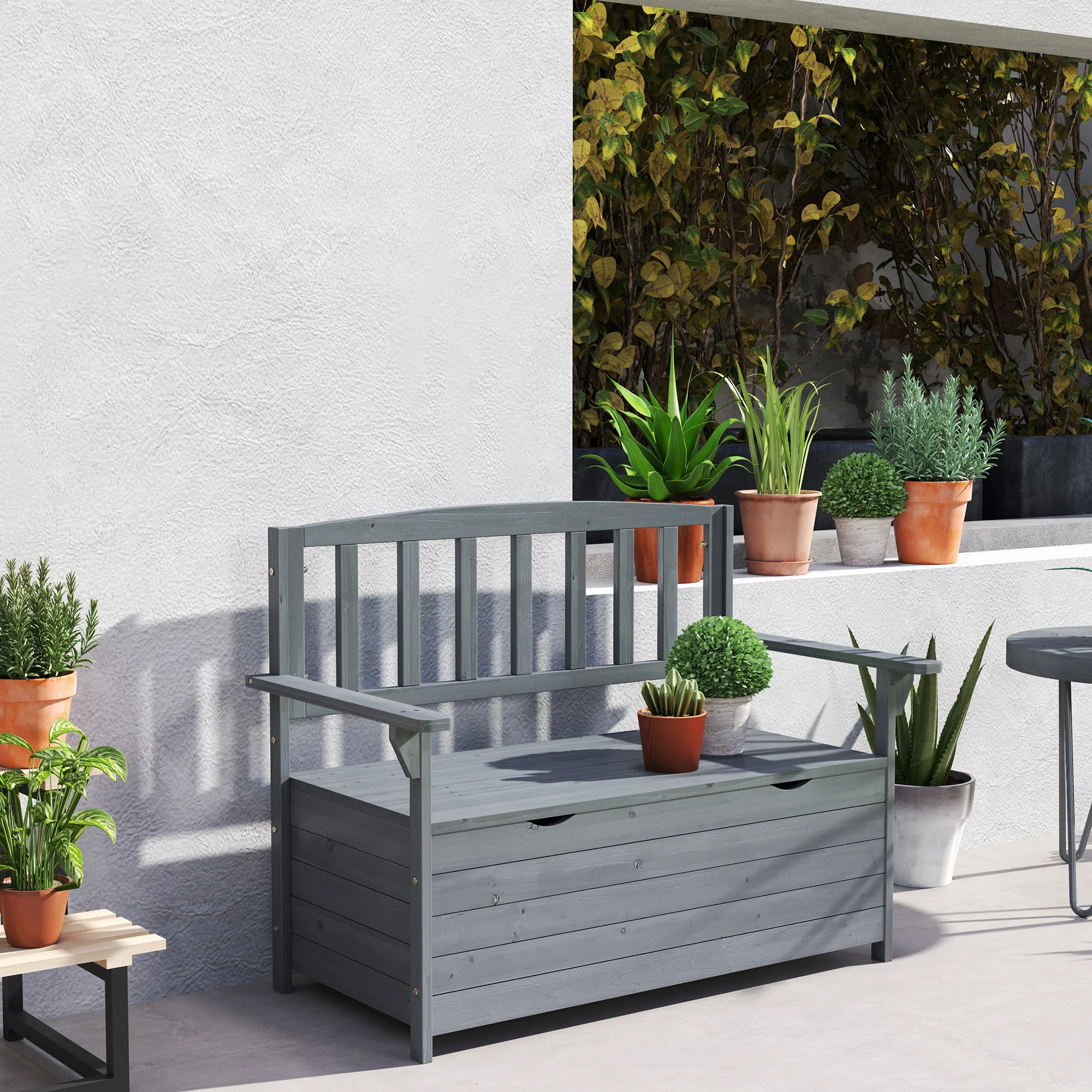 2 Seater Wooden Garden Bench with Hidden Storage, High Back & Armrests, Dark Grey - Image 8