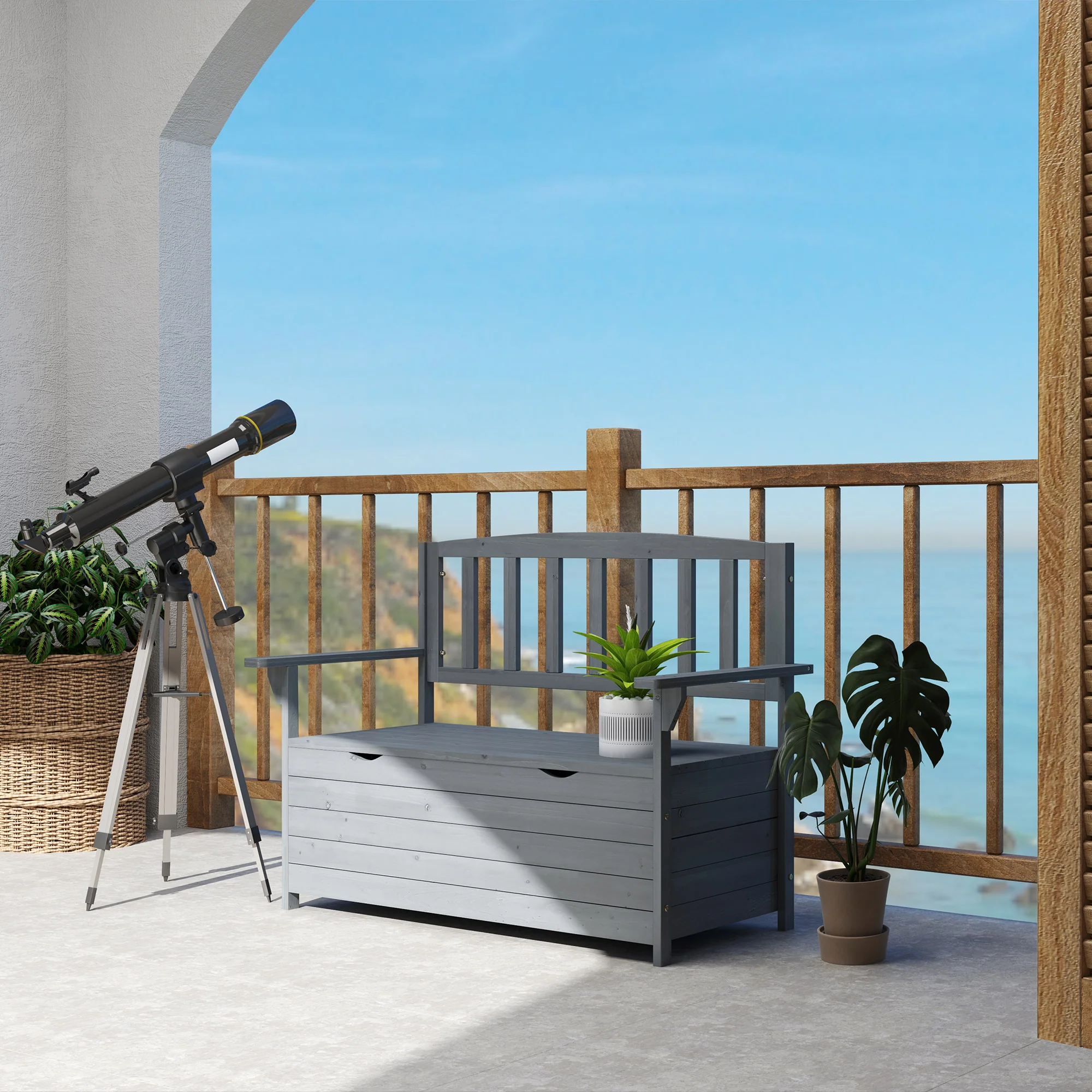 2 Seater Wooden Garden Bench with Hidden Storage, High Back & Armrests, Dark Grey - Image 9