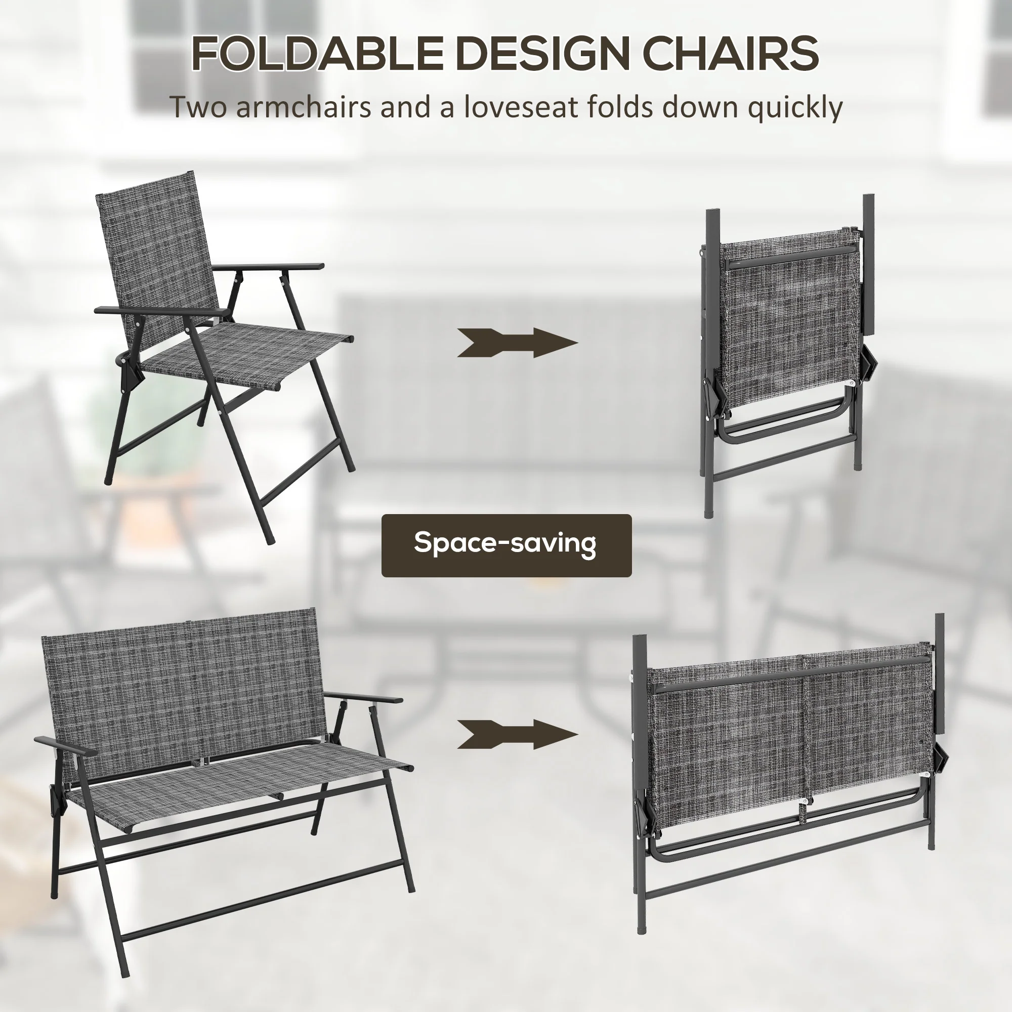 4 Piece Patio Furniture Set with Foldable Chairs & Glass Top Table, Mixed Grey - Image 7
