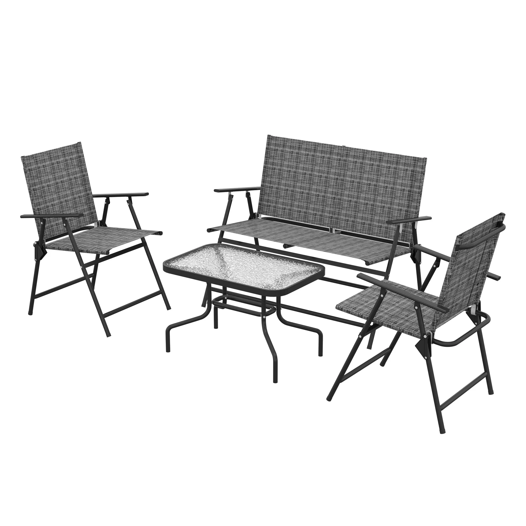 4pc Patio Furniture Set with Foldable Chairs, Loveseat and Glass Table, Mixed Grey - Image 2