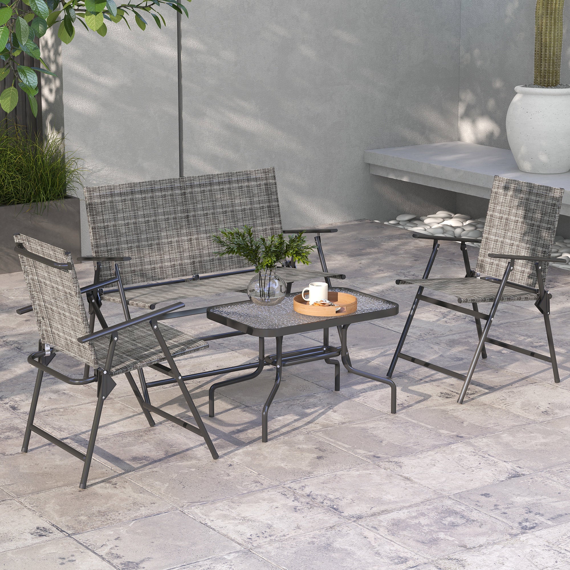 4pc Patio Furniture Set with Foldable Chairs, Loveseat and Glass Table, Mixed Grey - Image 3