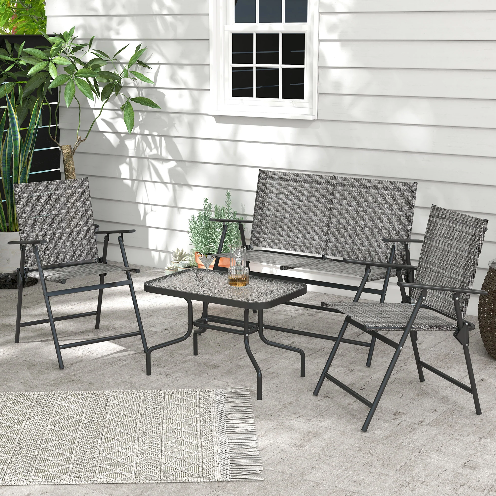 4pc Patio Furniture Set with Foldable Chairs, Loveseat and Glass Table, Mixed Grey - Image 4