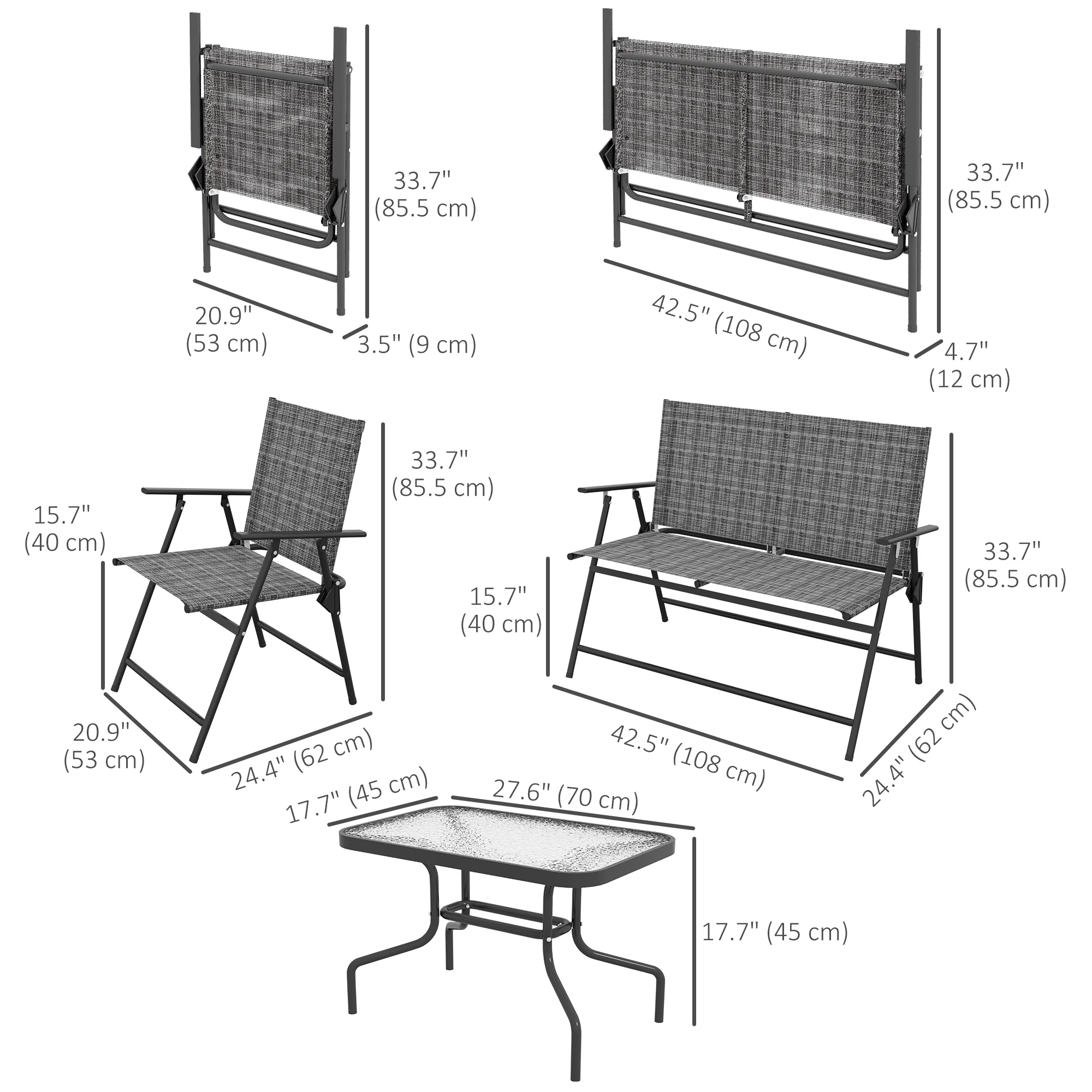 4pc Patio Furniture Set with Foldable Chairs, Loveseat and Glass Table, Mixed Grey - Image 5