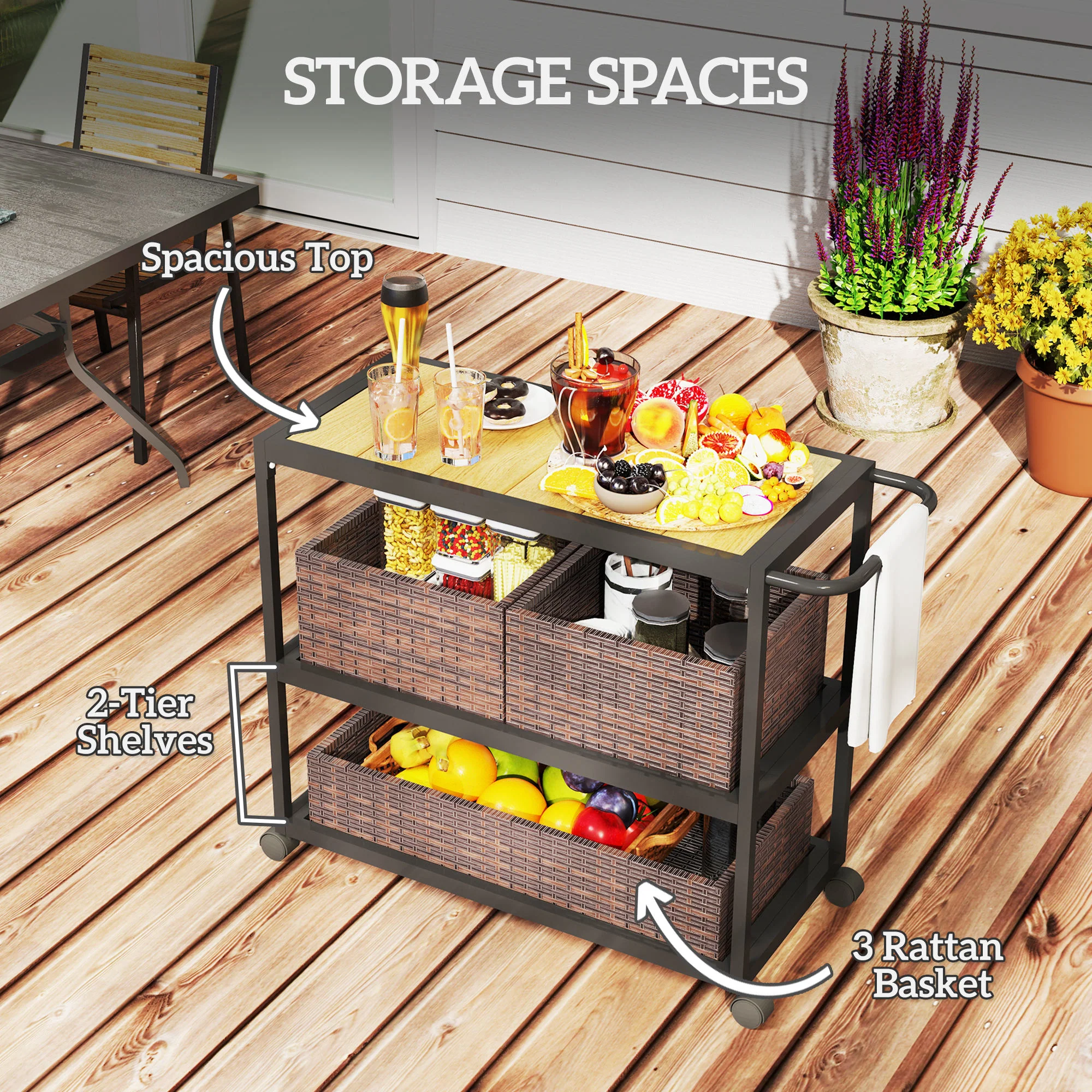 3-Tier Outdoor Bar Cart with Wood Top & Removable Rattan Basket, Mixed-Brown - Image 6