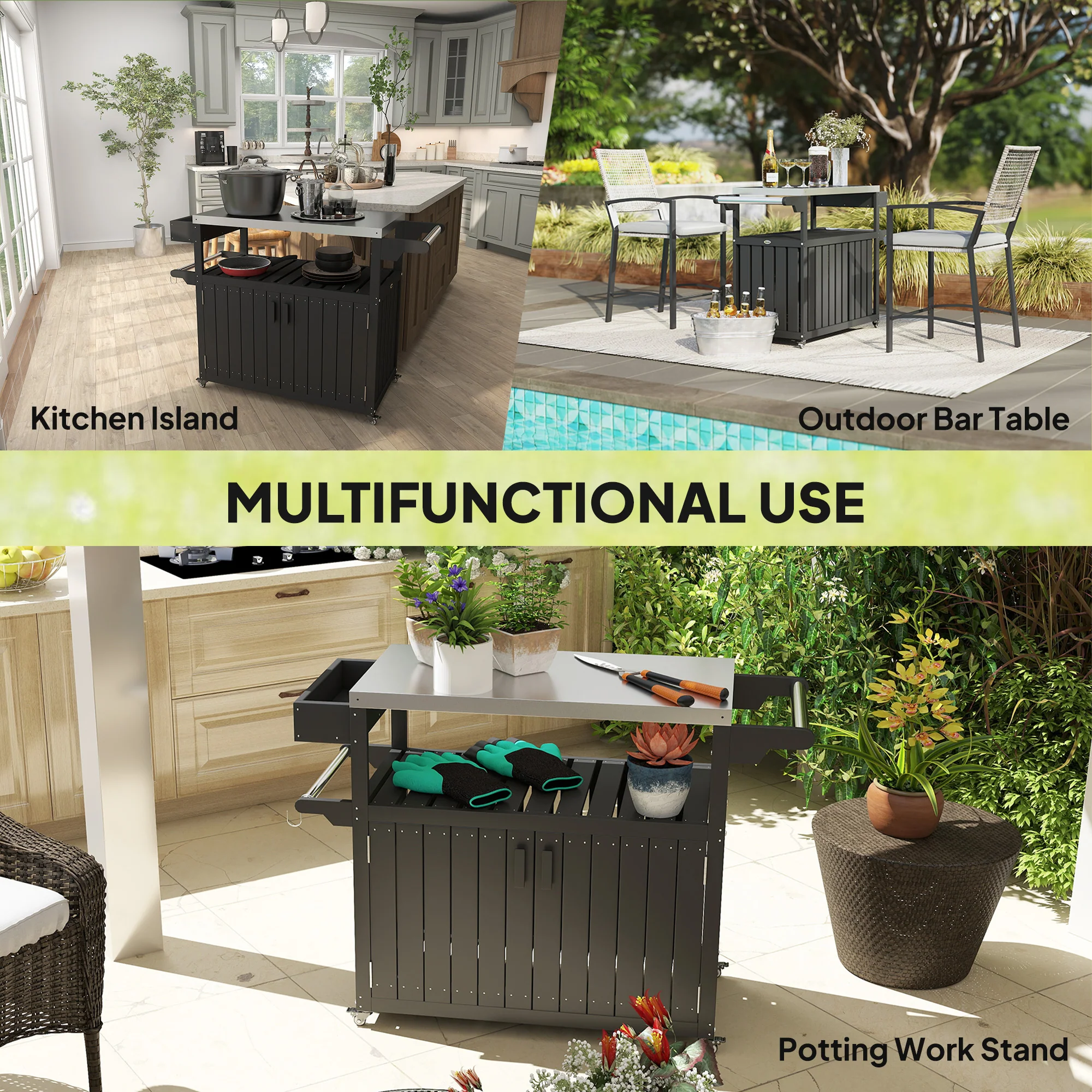 Outdoor Bar Cart with Storage Cabinet, Black - Image 10