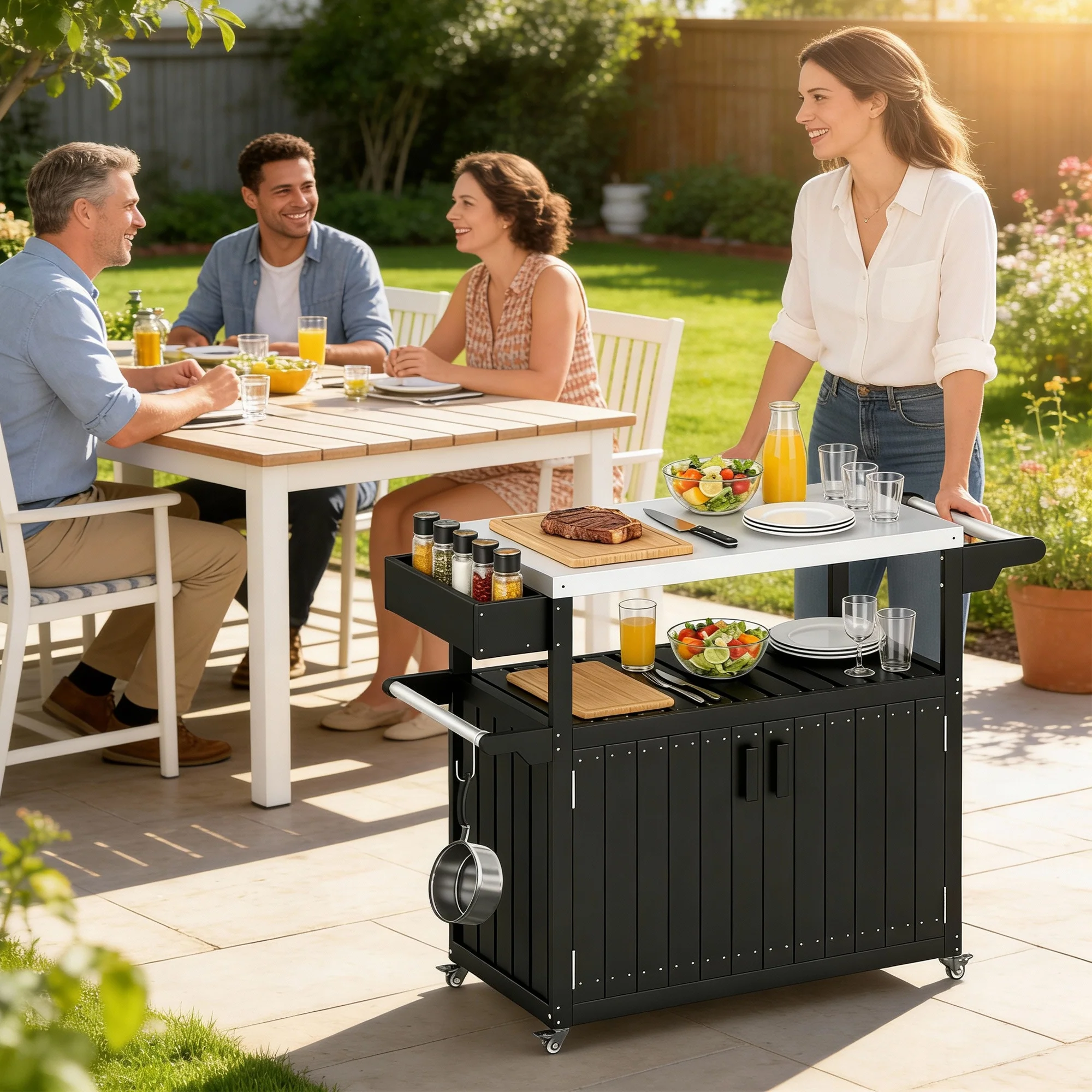 Outdoor Bar Cart with Storage Cabinet, Black - Image 11
