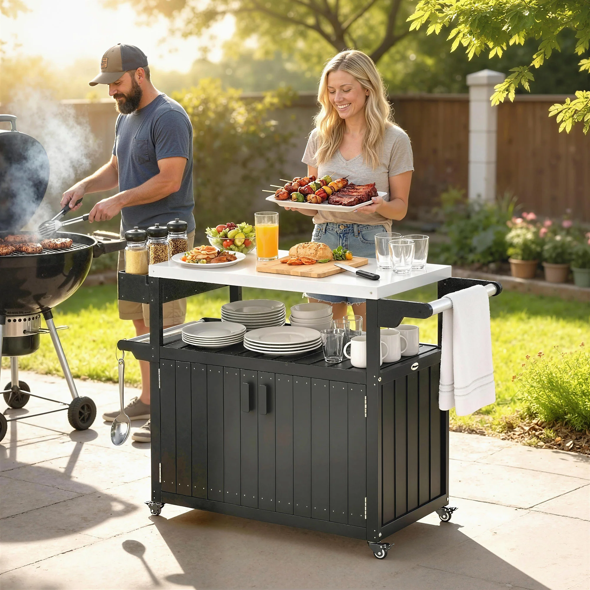 Outdoor Bar Cart with Storage Cabinet, Black - Image 4