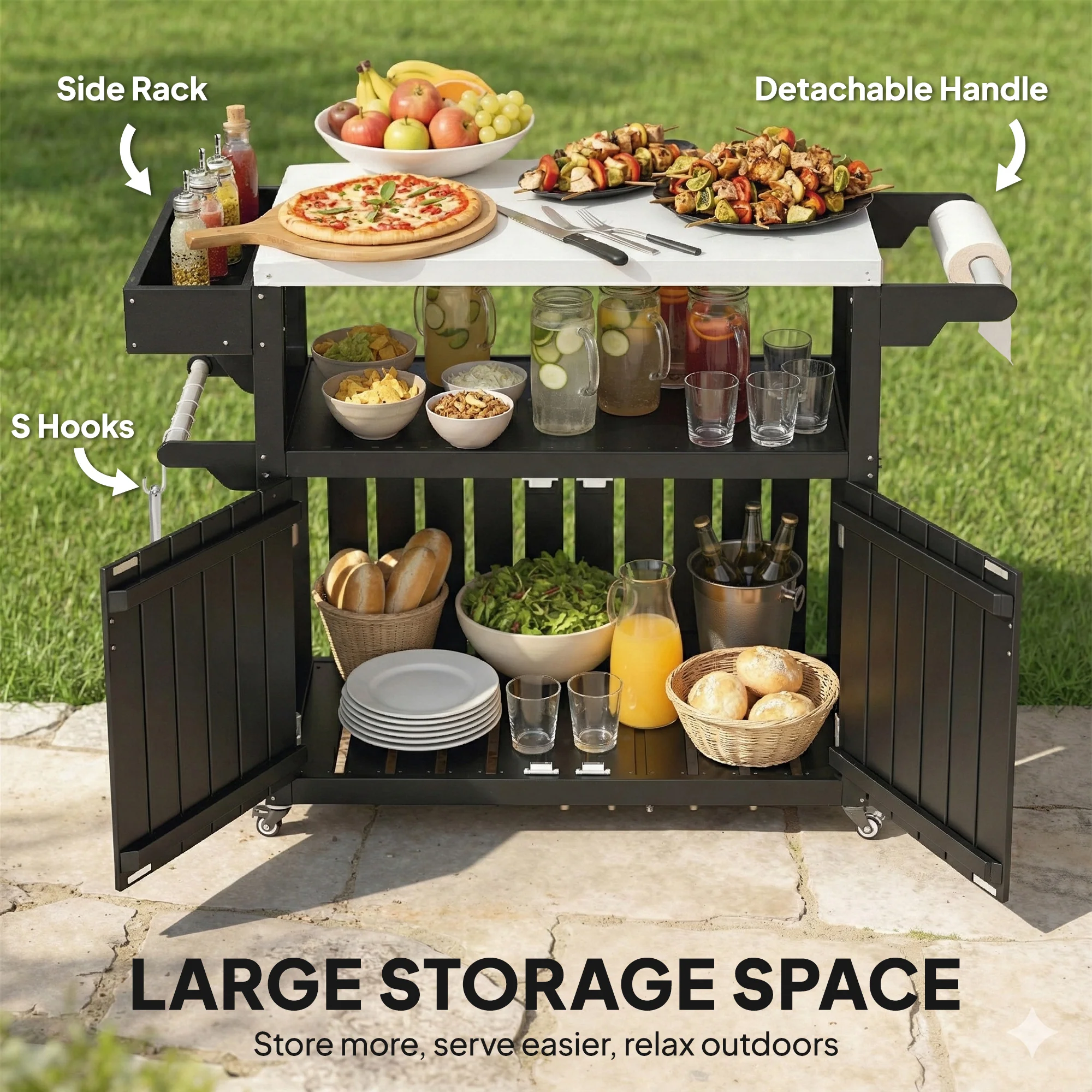 Outdoor Bar Cart with Storage Cabinet, Black - Image 8