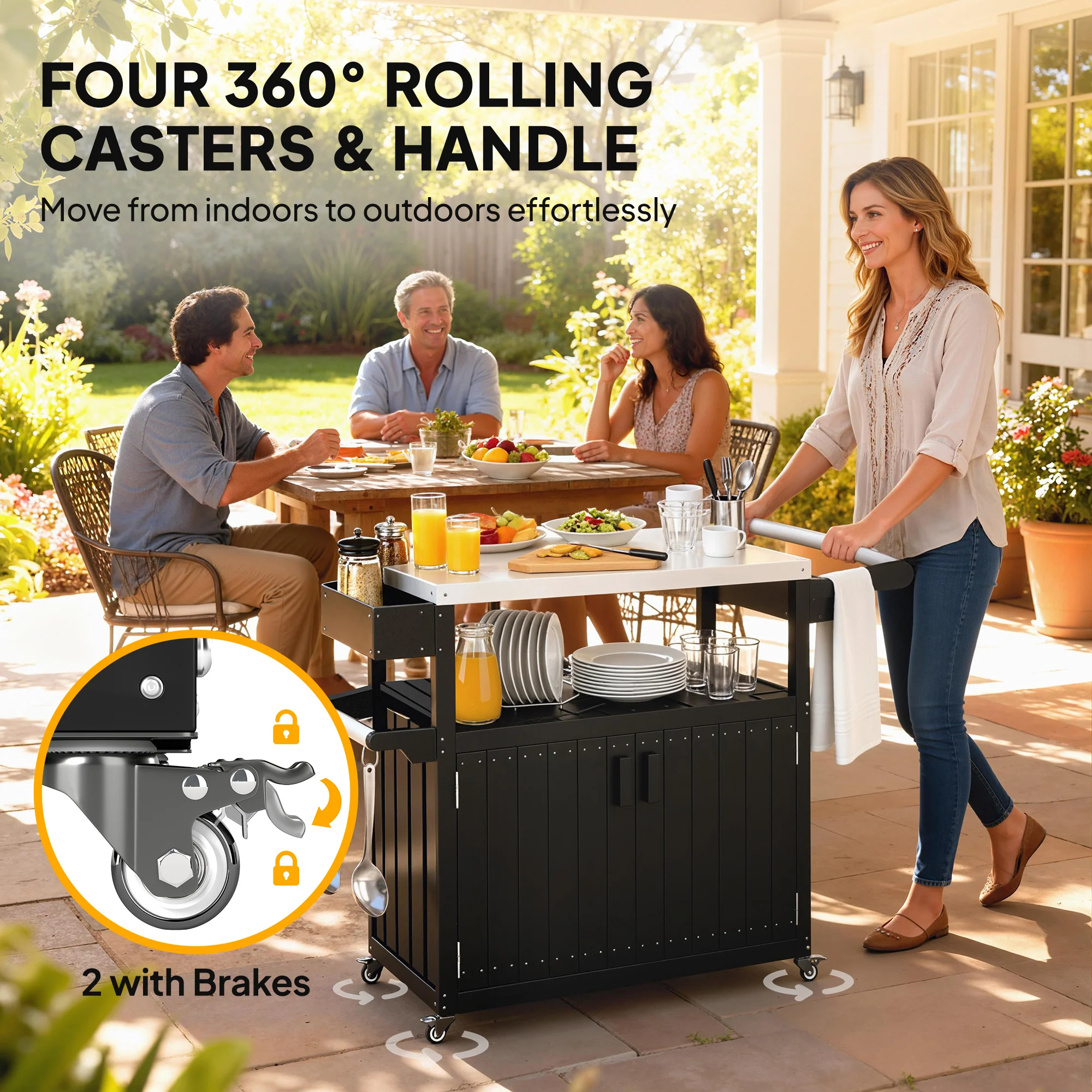 Outdoor Bar Cart with Storage Cabinet, Black - Image 9