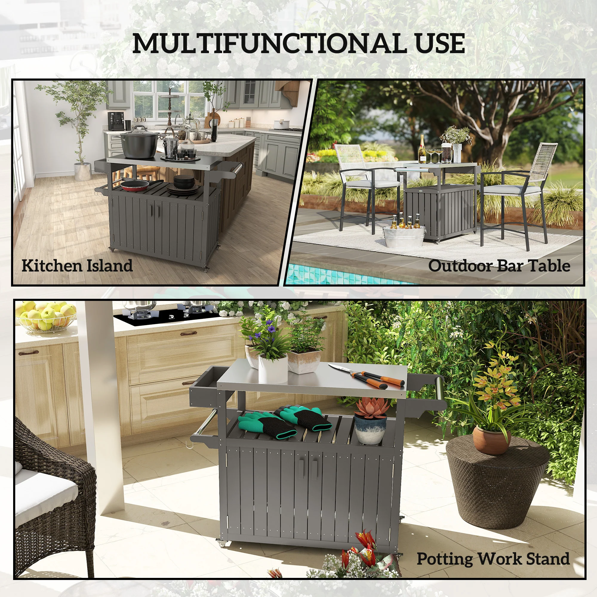 Outdoor Bar Cart with Storage Cabinet, Dark Gray - Image 10