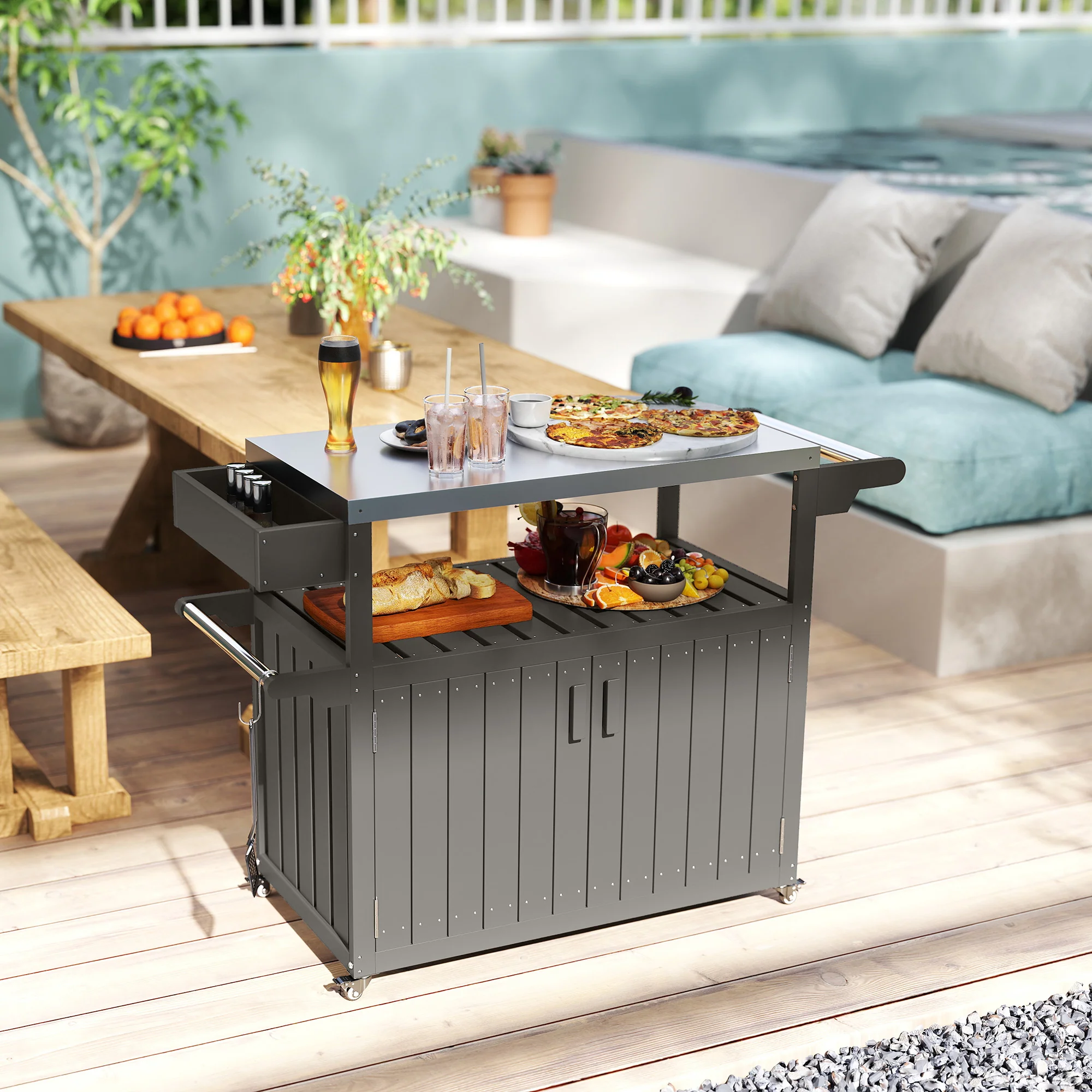 Outdoor Bar Cart with Storage Cabinet, Dark Gray - Image 11