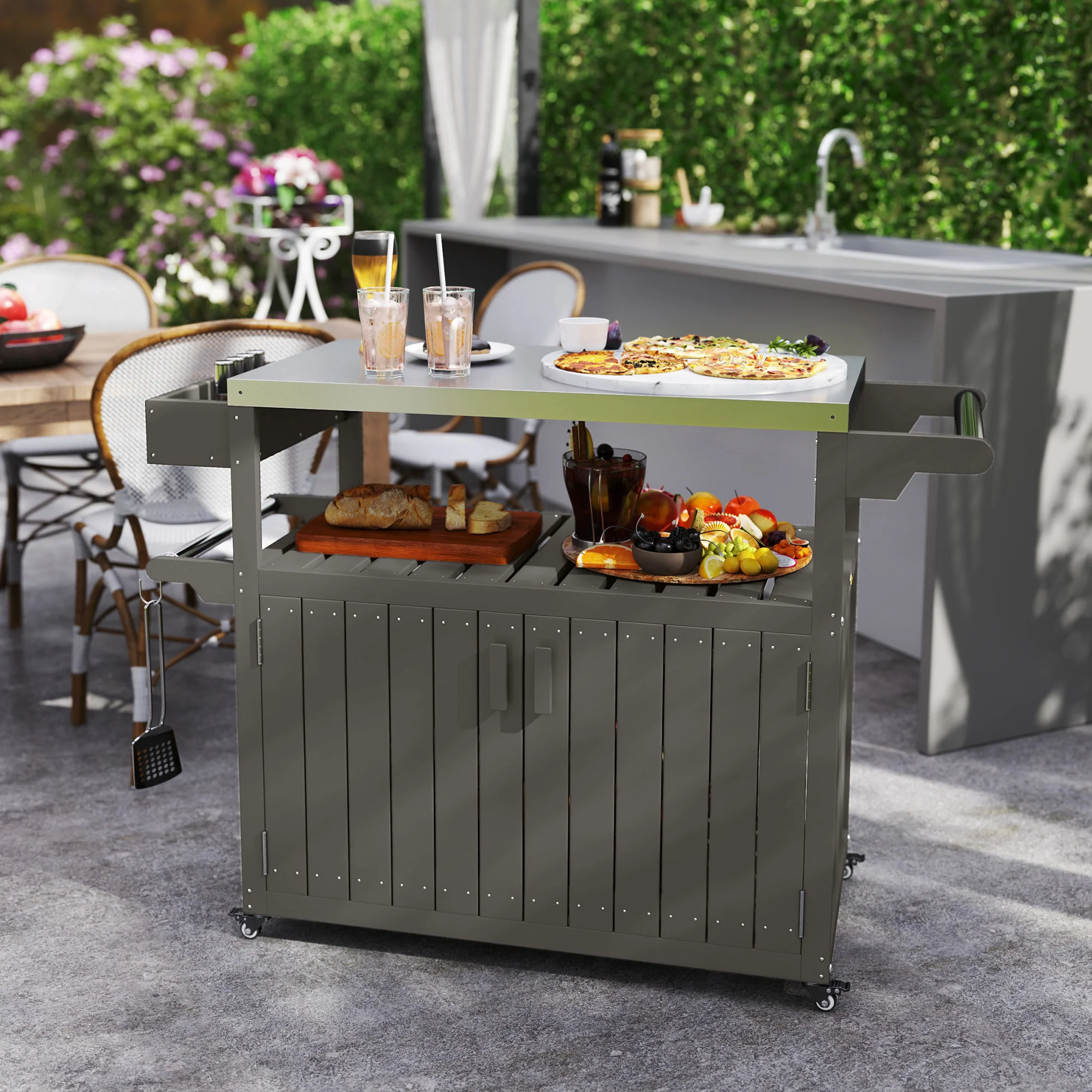 Outdoor Bar Cart with Storage Cabinet, Dark Gray - Image 3