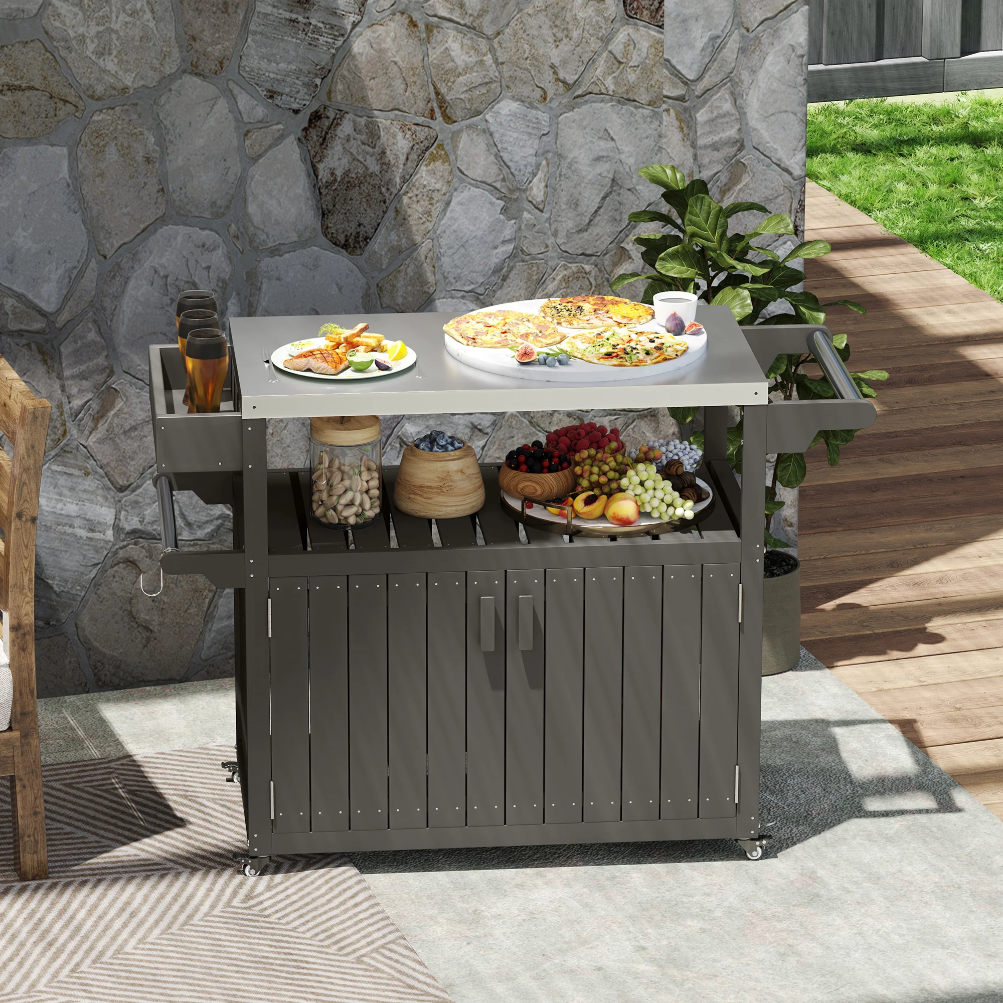 Outdoor Bar Cart with Storage Cabinet, Dark Gray - Image 4
