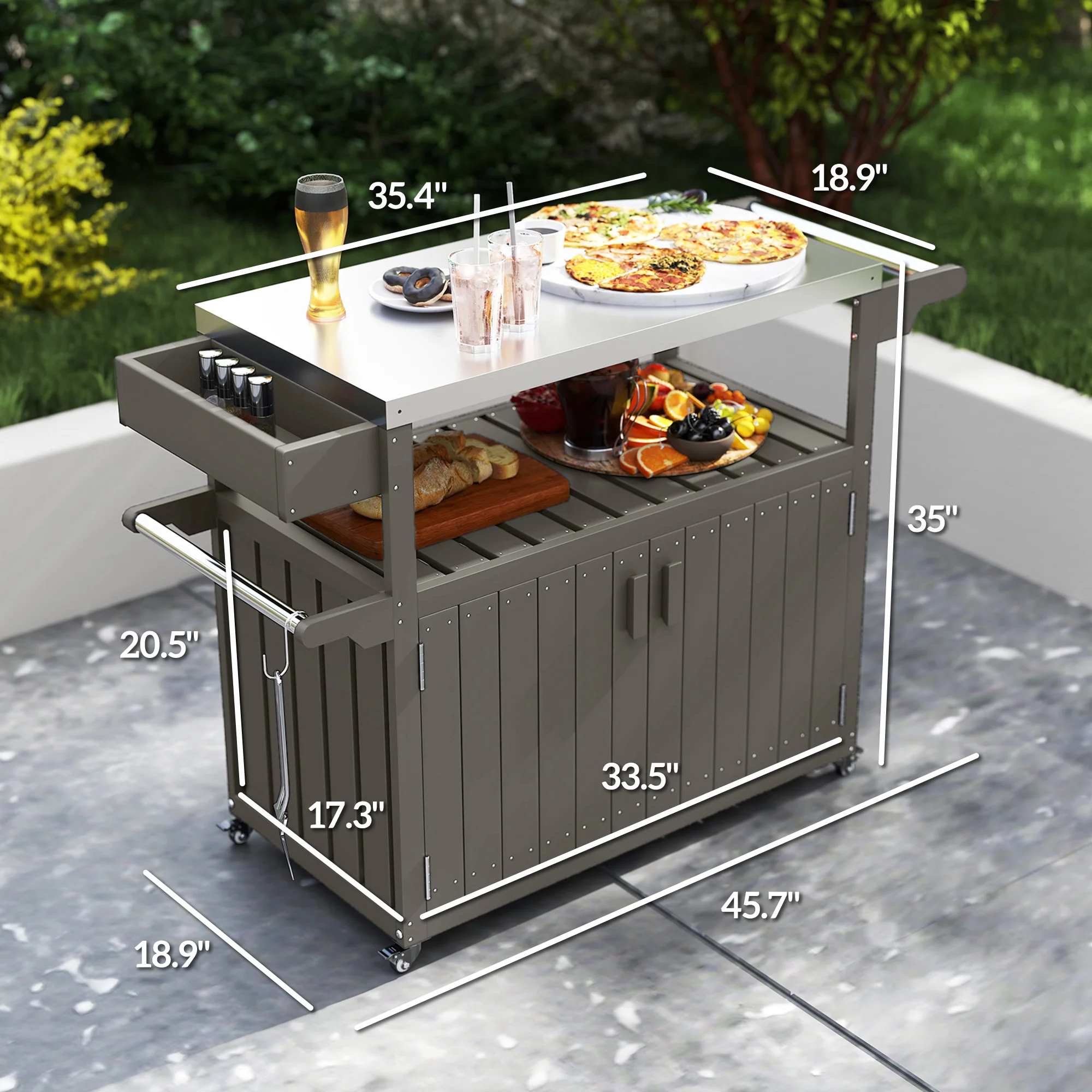 Outdoor Bar Cart with Storage Cabinet, Dark Gray - Image 5