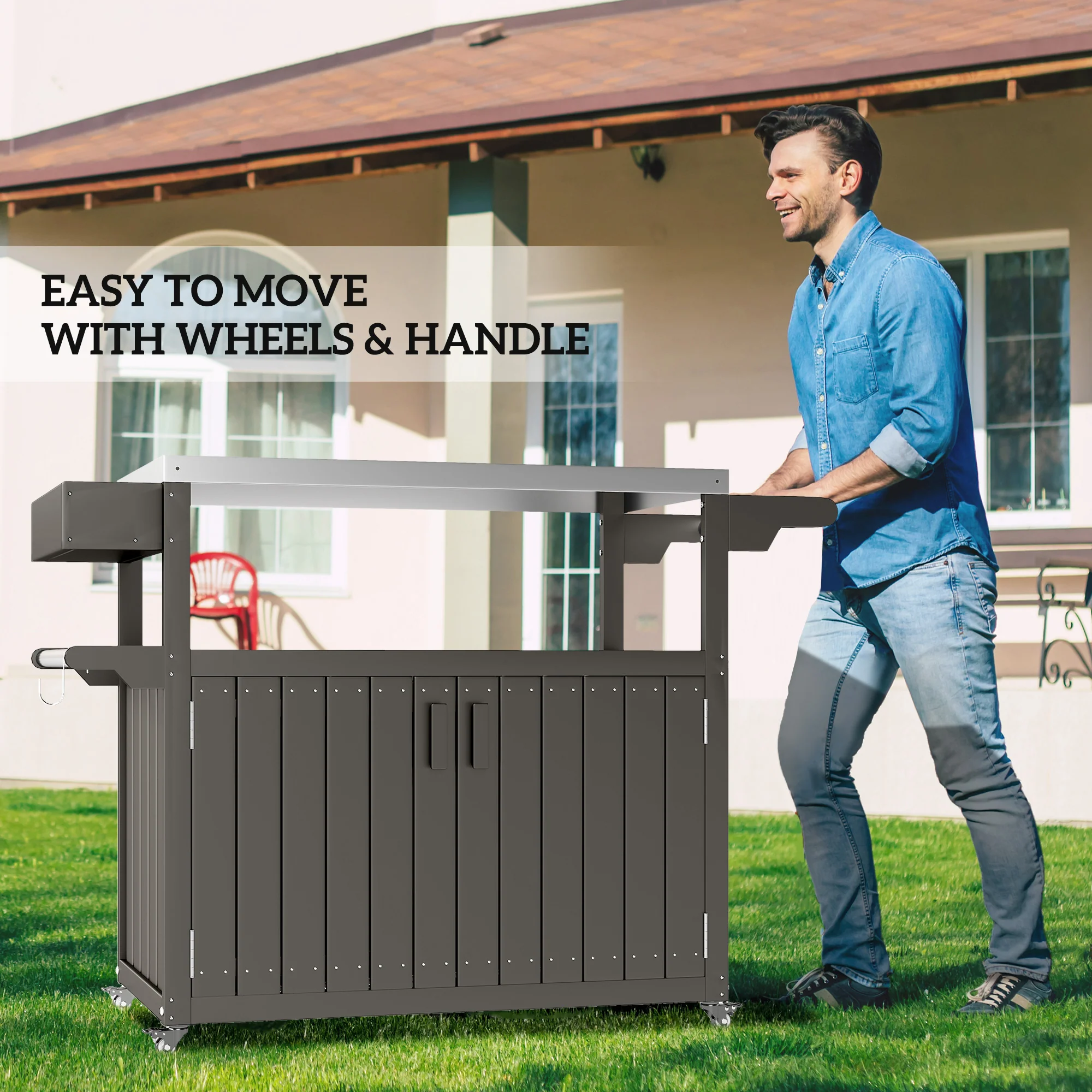 Outdoor Bar Cart with Storage Cabinet, Dark Gray - Image 9