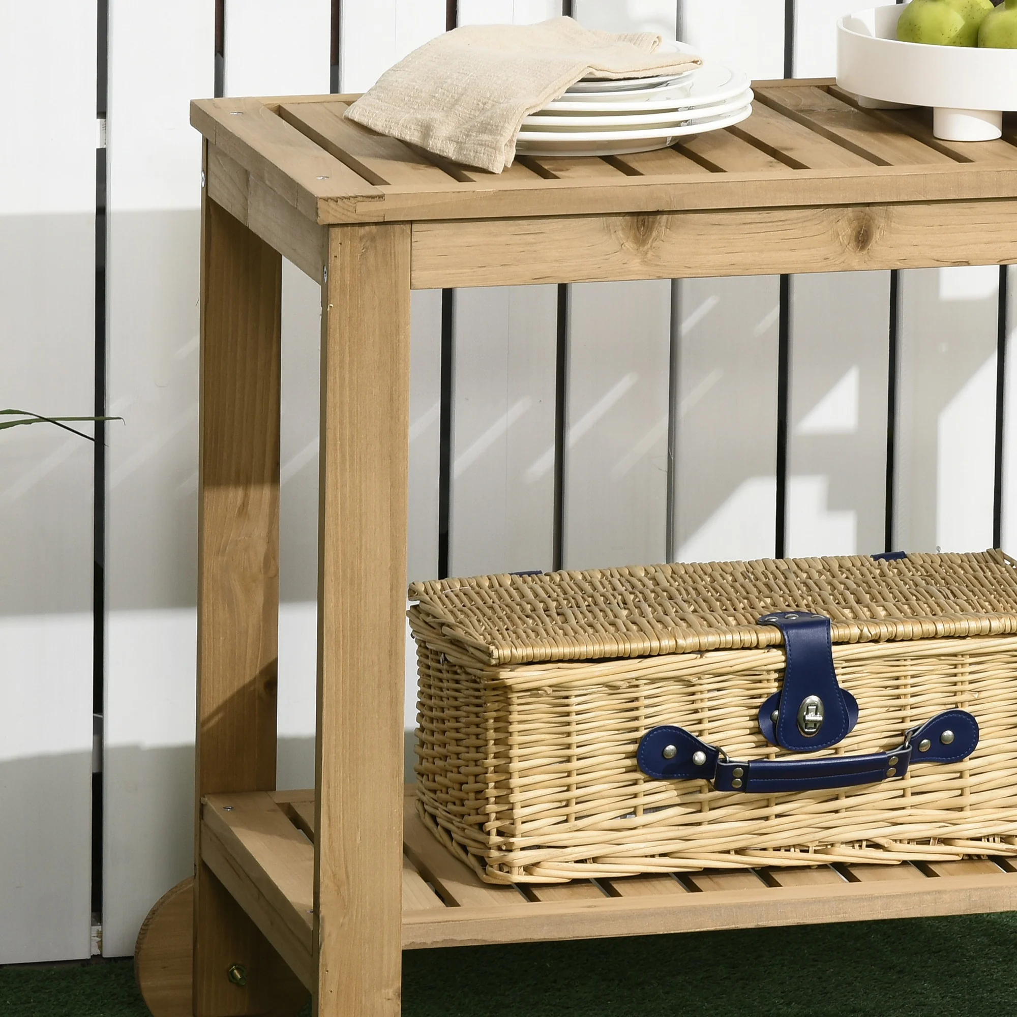 Wood Outdoor Bar Cart with 2 Shelves and Wine Holders, Natural - Image 10