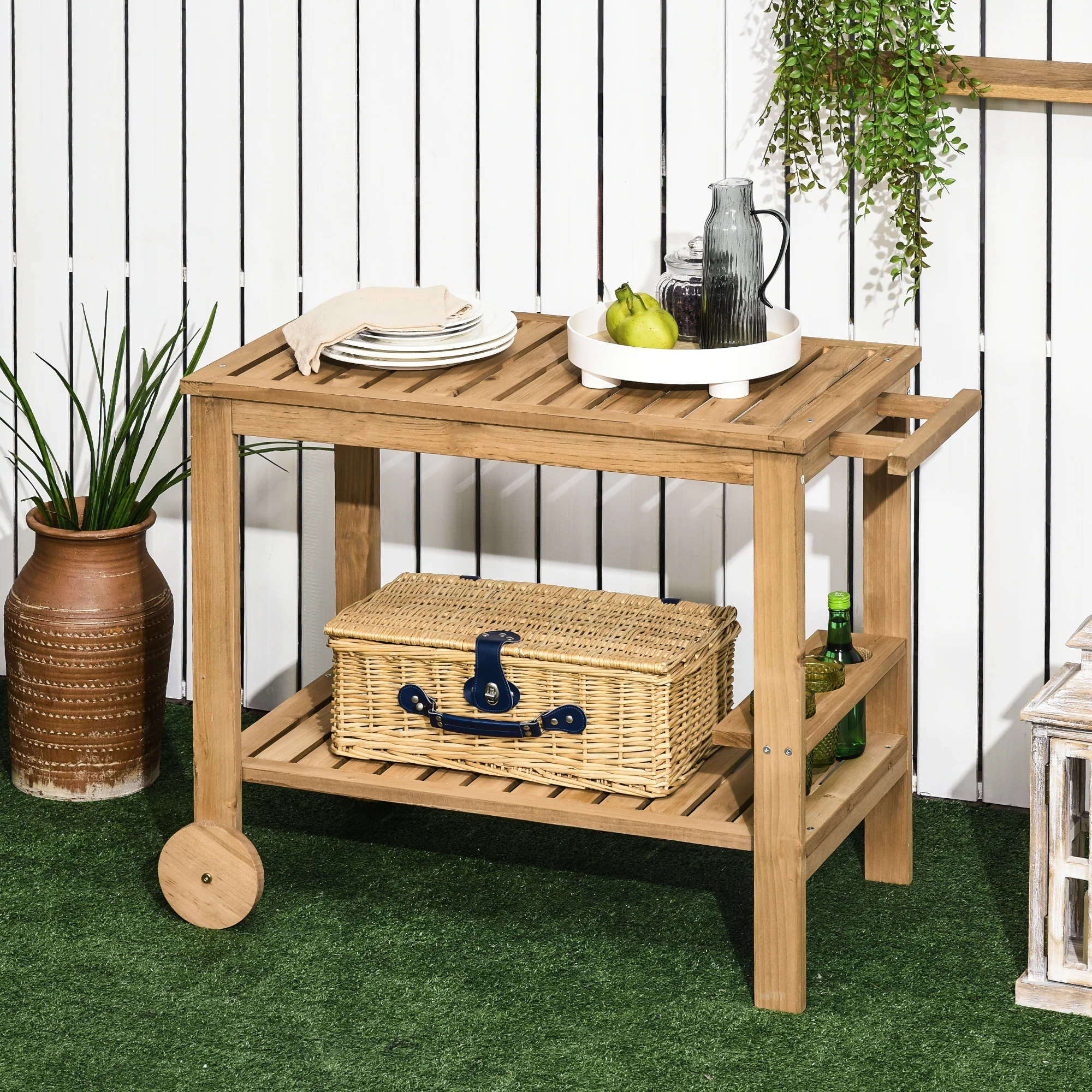 Wood Outdoor Bar Cart with 2 Shelves and Wine Holders, Natural - Image 3