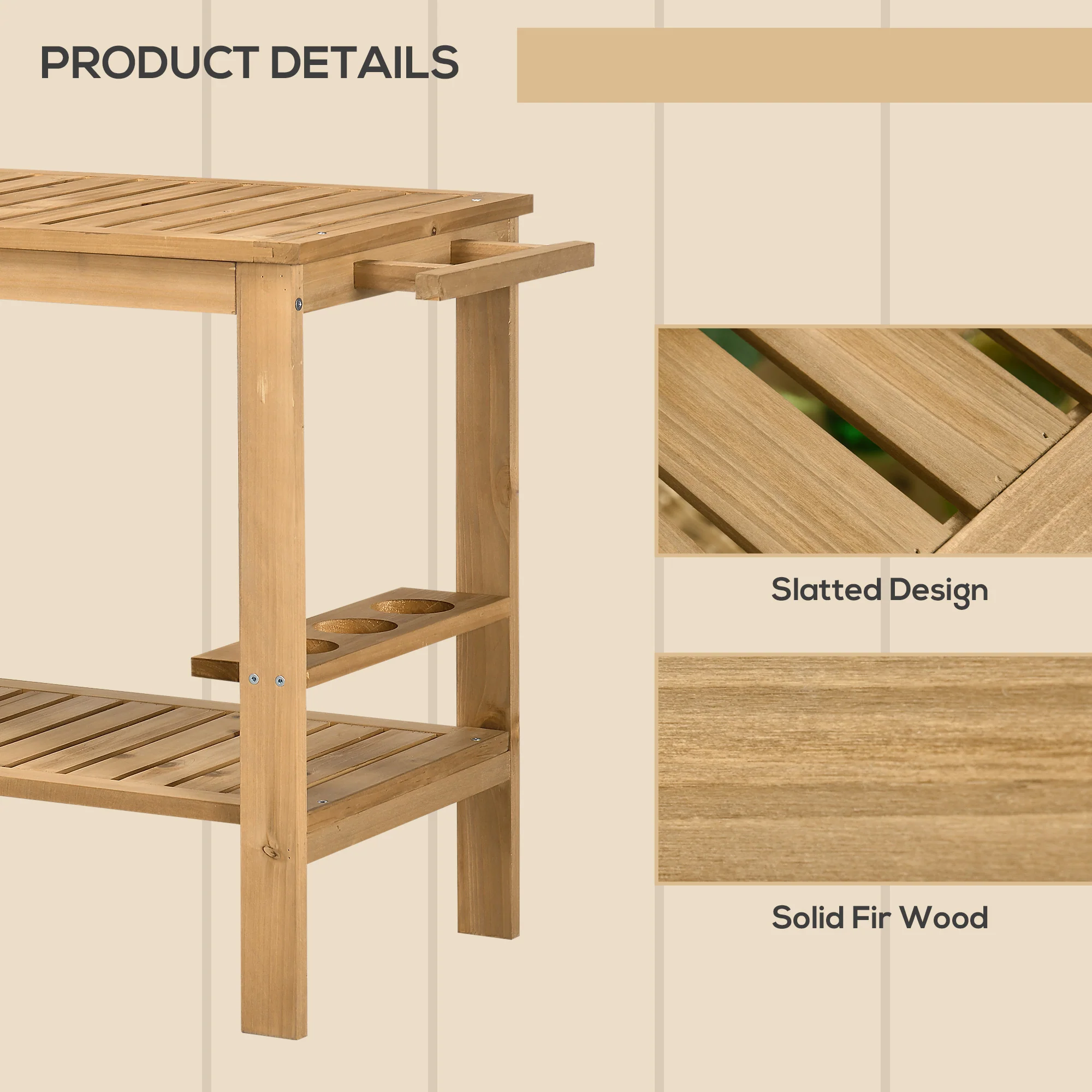 Wood Outdoor Bar Cart with 2 Shelves and Wine Holders, Natural - Image 8