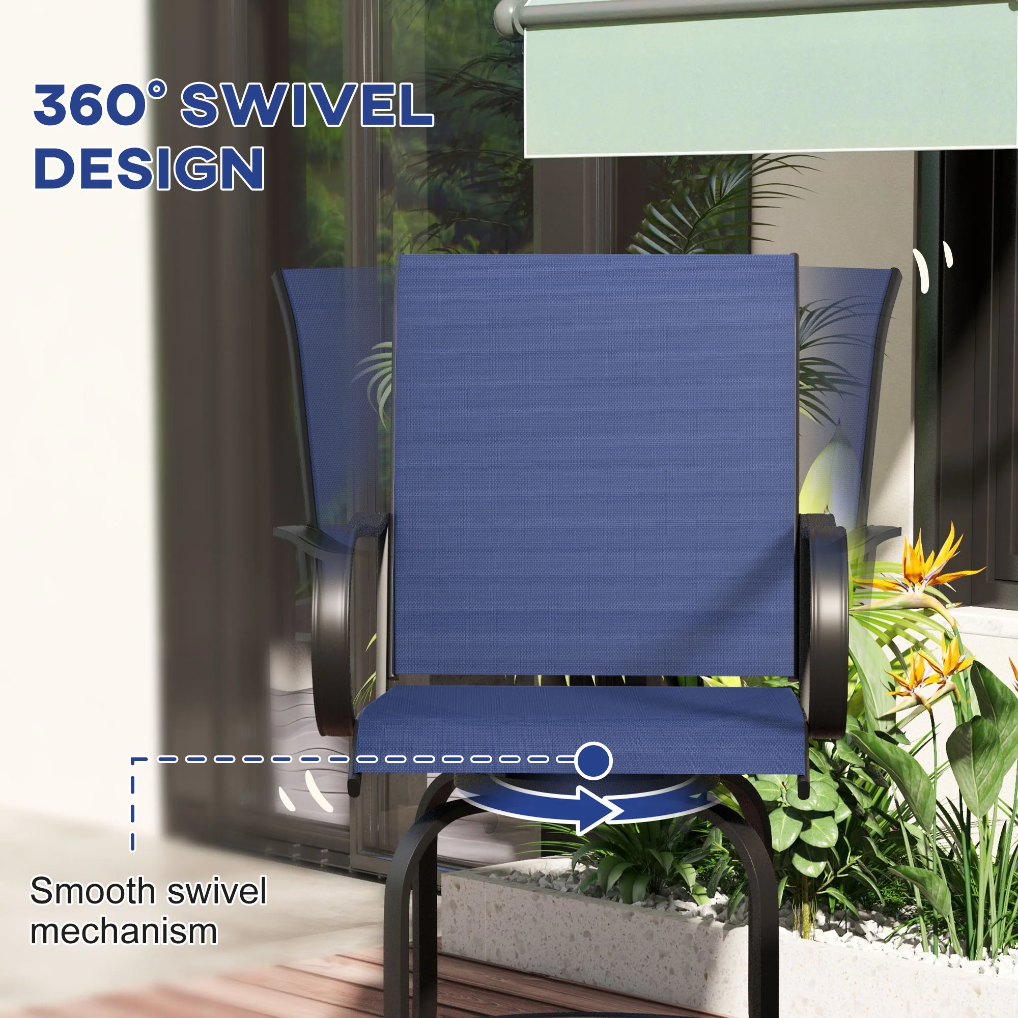 2 Pieces Outdoor Bar Stools, 360° Swivel Bar Height Chairs, 26.8" x 29.5" x 48.4", Navy Blue - Image 6