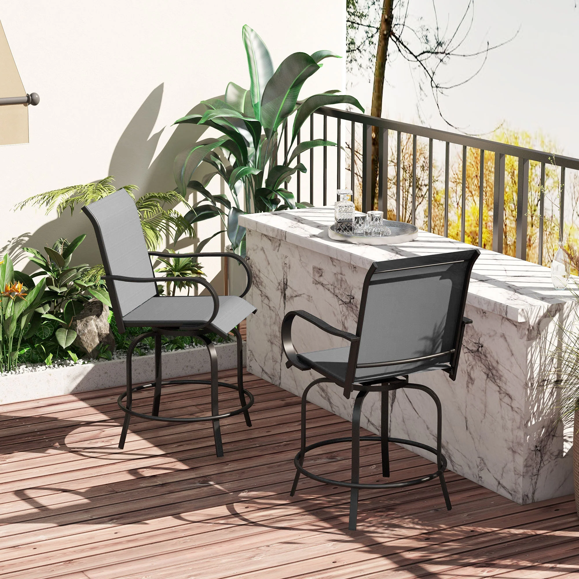 2 Pieces Outdoor Bar Stools, 360° Swivel Bar Height Chairs, 26.8" x 29.5" x 48.4", Grey - Image 4