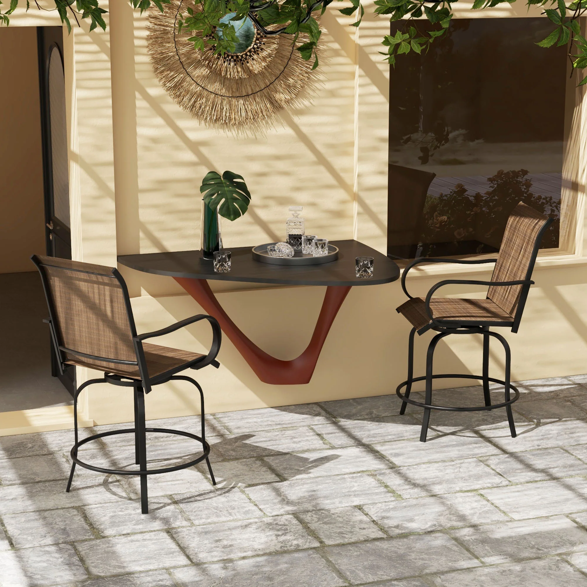2 Pieces Outdoor Bar Stools, 360° Swivel Bar Height Chairs, 26.8" x 29.5" x 48.4", Brown - Image 3