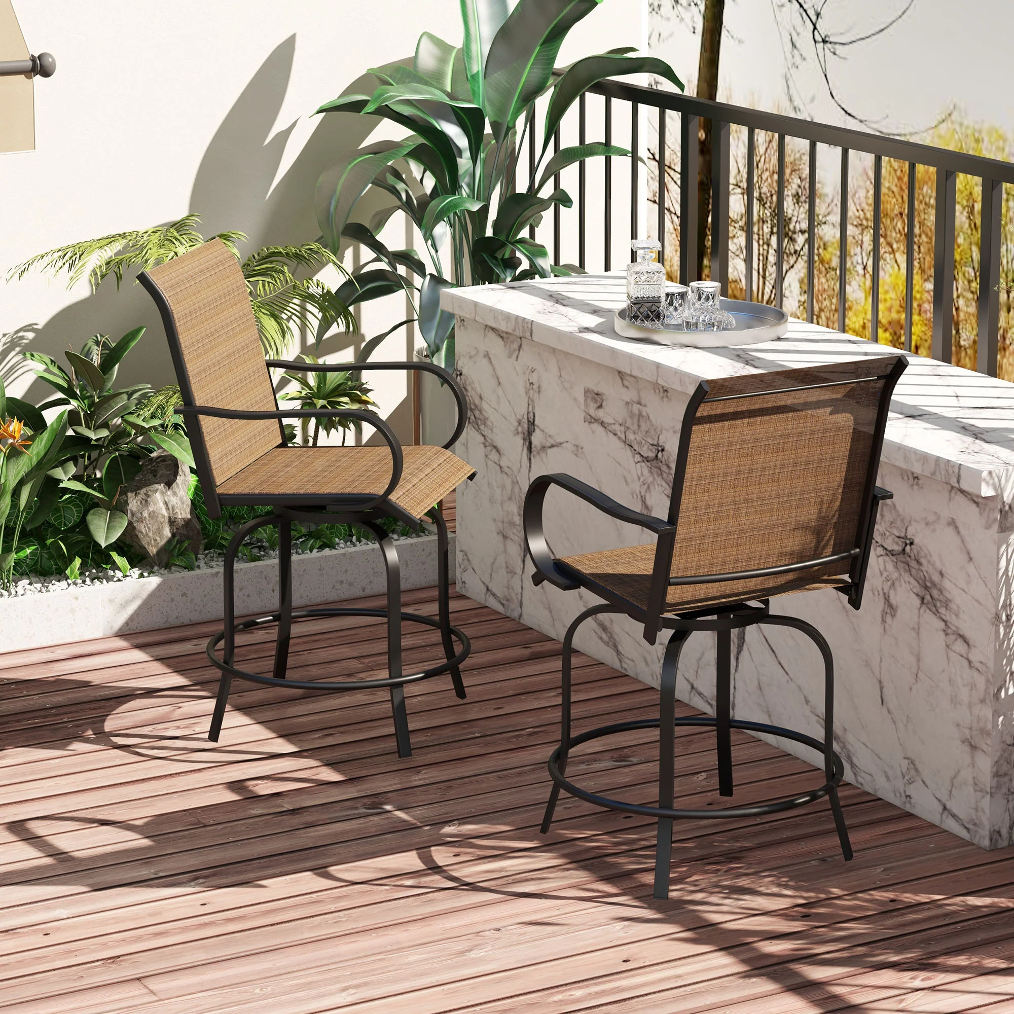 2 Pieces Outdoor Bar Stools, 360° Swivel Bar Height Chairs, 26.8" x 29.5" x 48.4", Brown - Image 4