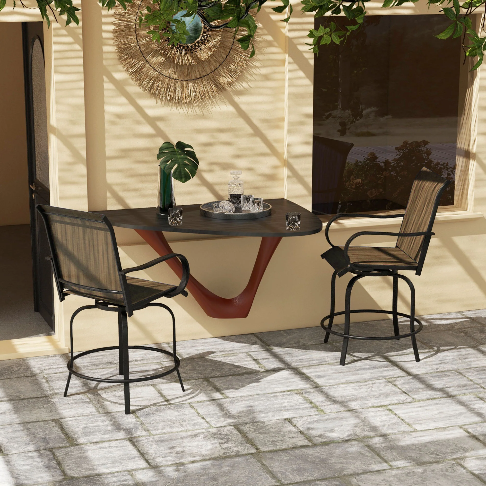 Set of 2 Bar Height Swivel Patio Stools with Armrests and Mesh Seats, Tan - Image 3