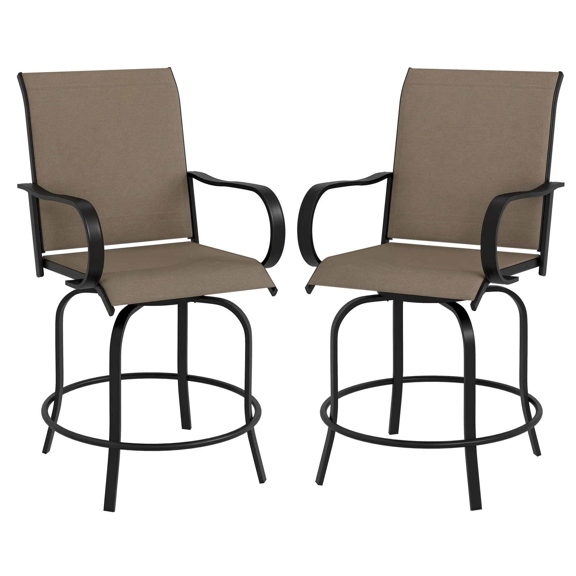 2-Piece Swivel Outdoor Bar Stools with Armrests, Tan