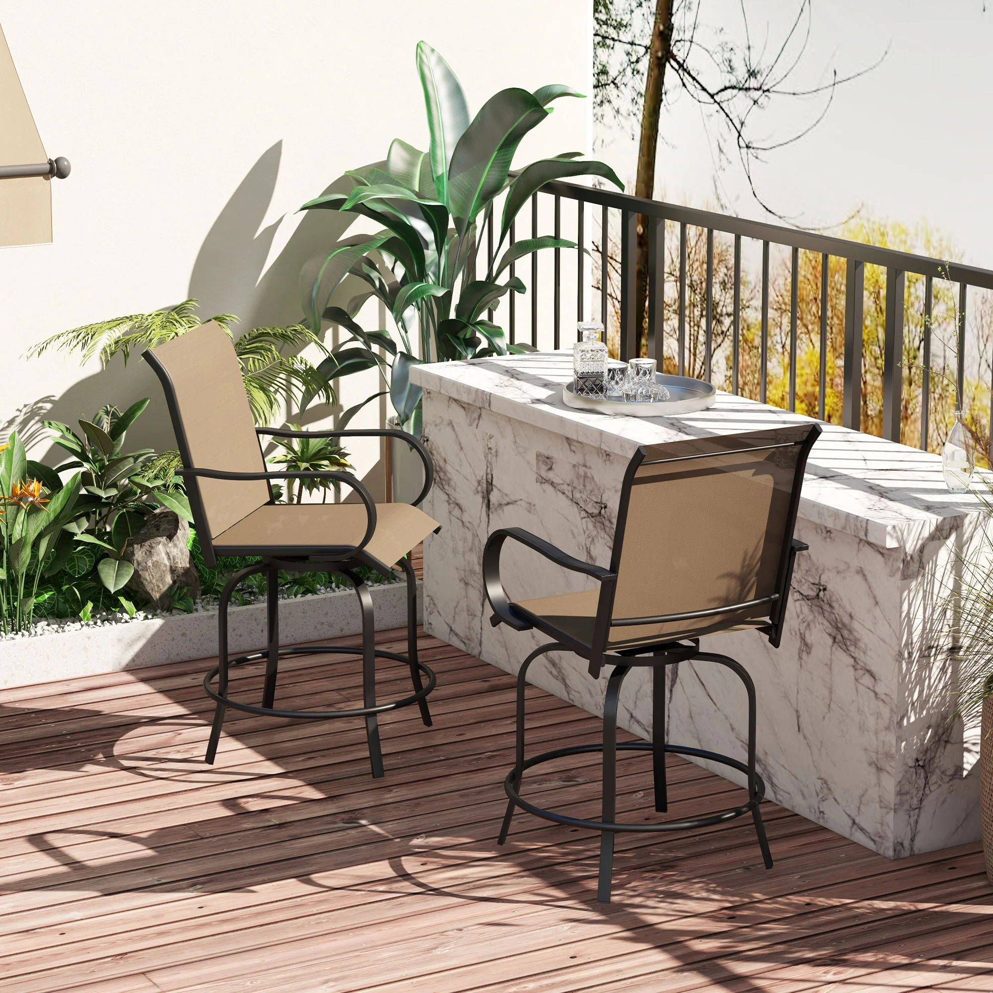 2-Piece Swivel Outdoor Bar Stools with Armrests, Tan - Image 4