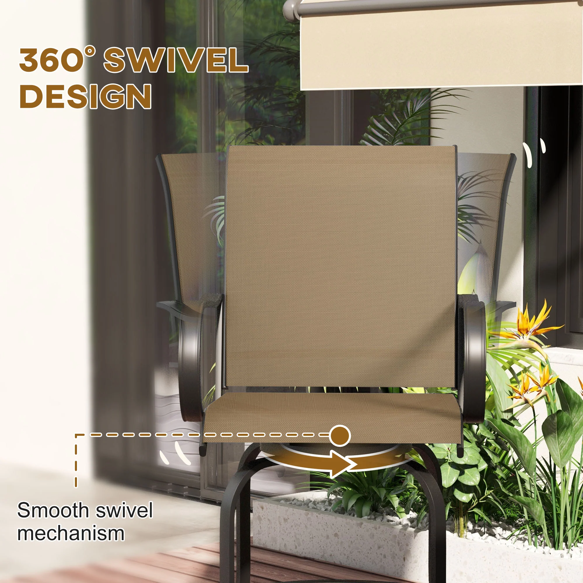 2-Piece Swivel Outdoor Bar Stools with Armrests, Tan - Image 6
