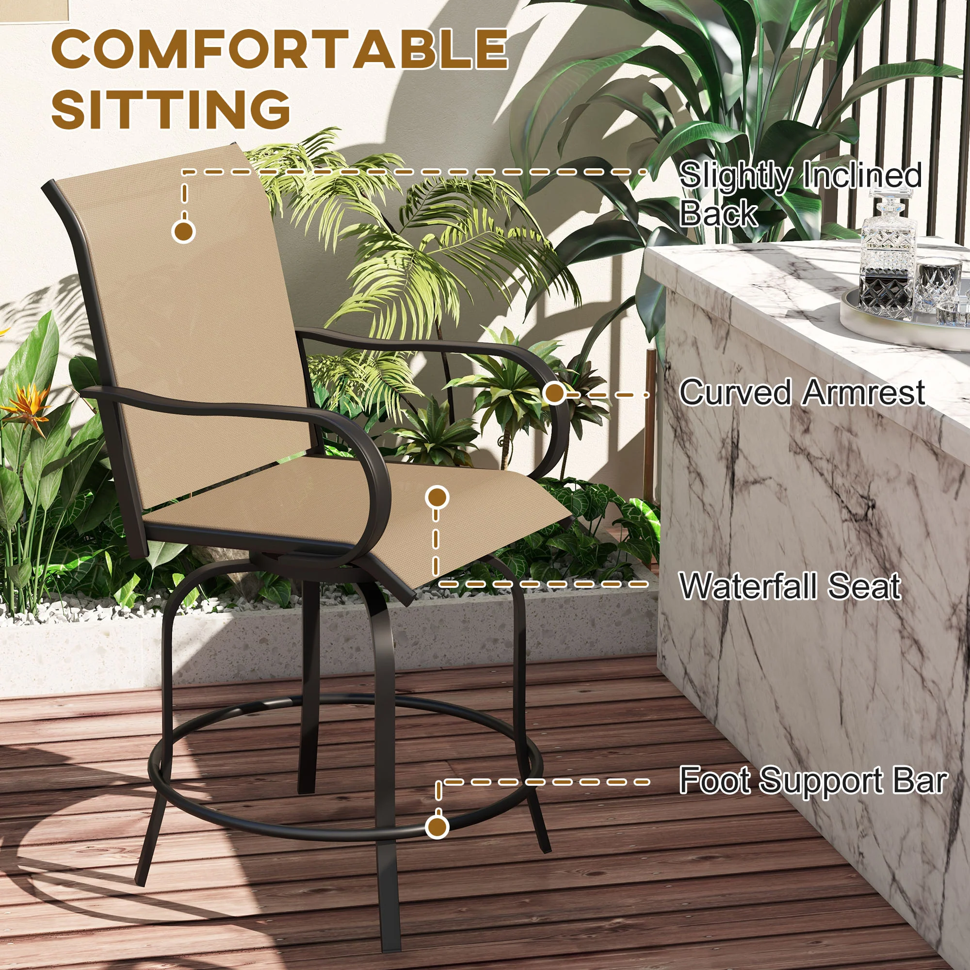 2-Piece Swivel Outdoor Bar Stools with Armrests, Tan - Image 7
