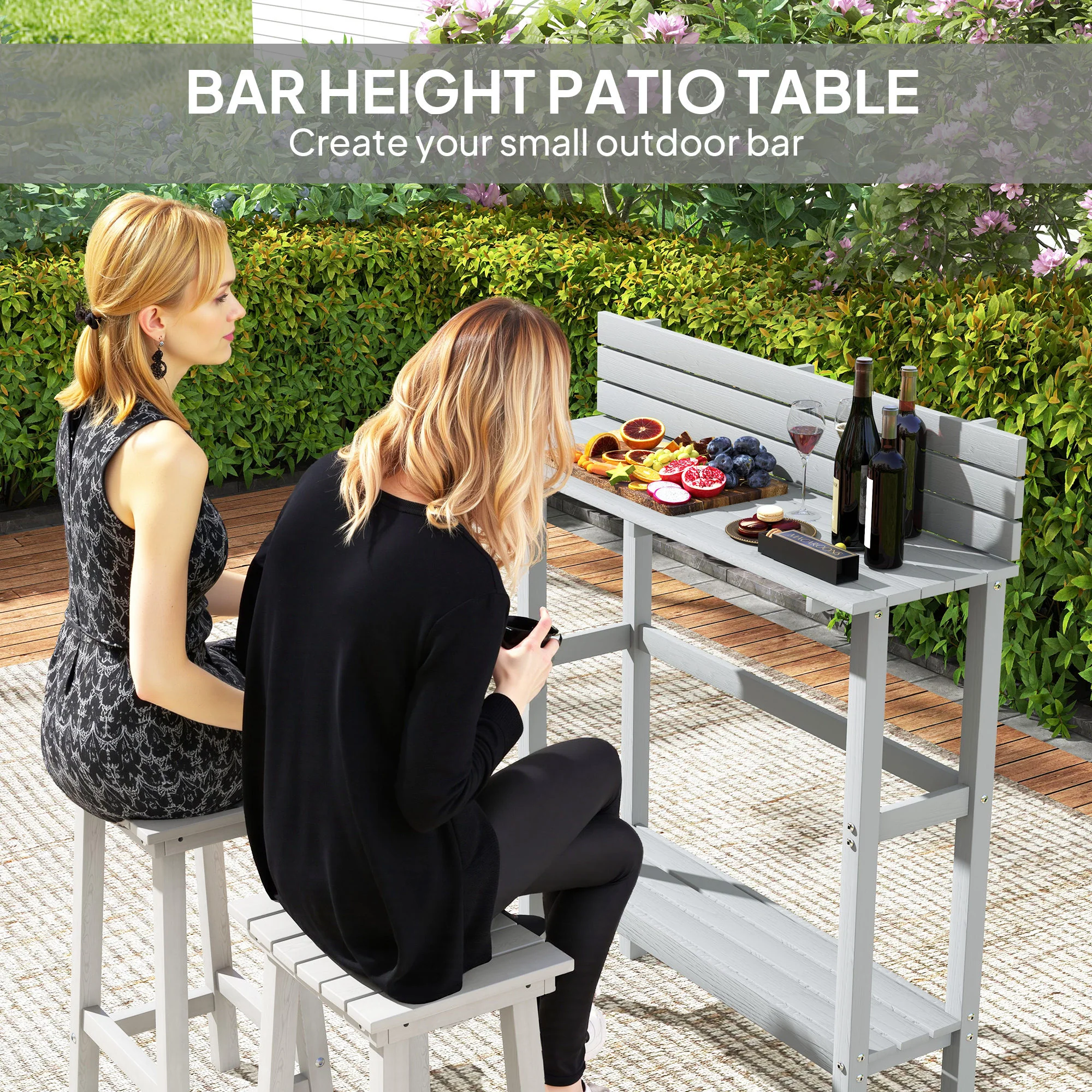 110Hcm Rectangle Outdoor Bar Table with Built-in Footrest & Slatted Top for Garden, Grey - Image 6