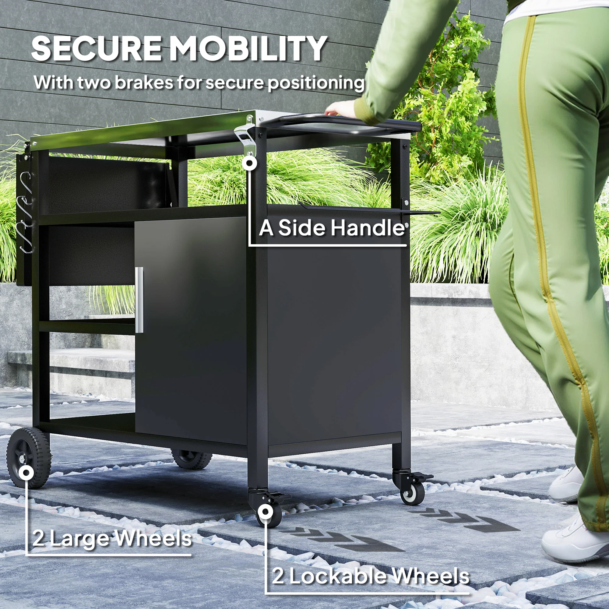 Outdoor BBQ Trolley with Foldable Side Table, Stainless Steel Top & Shelves, Black - Image 10