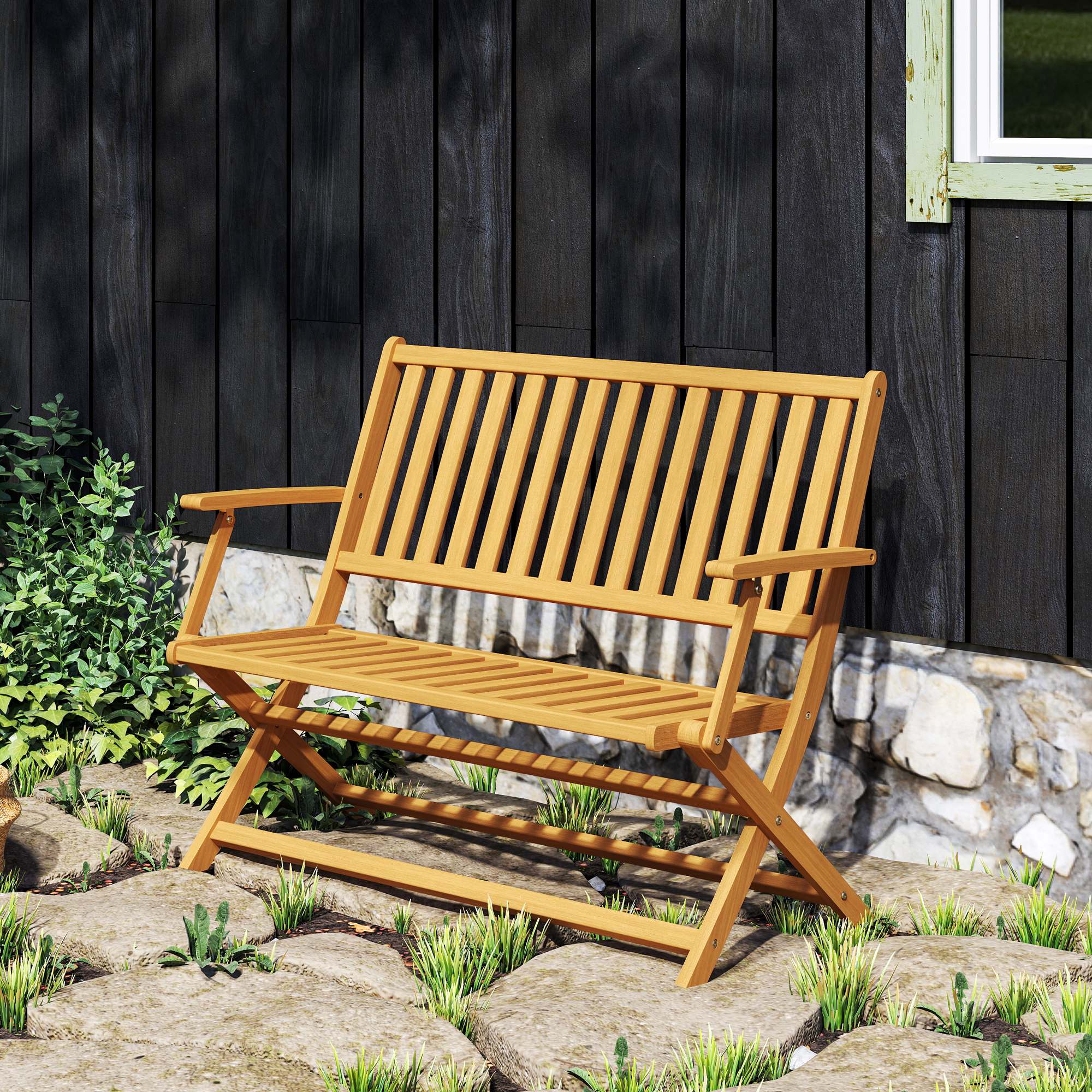 46.5" Foldable Wood Outdoor Bench with Backrest and Armrests for Patio, Porch, Teak - Image 11