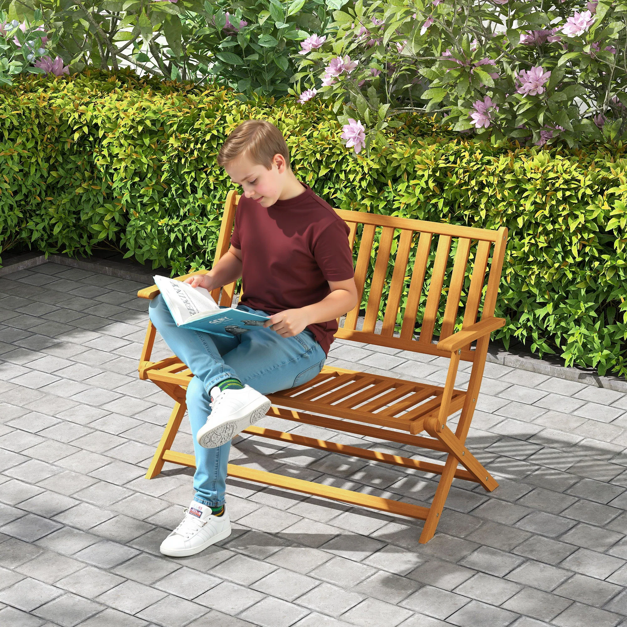 46.5" Foldable Wood Outdoor Bench with Backrest and Armrests for Patio, Porch, Teak - Image 3